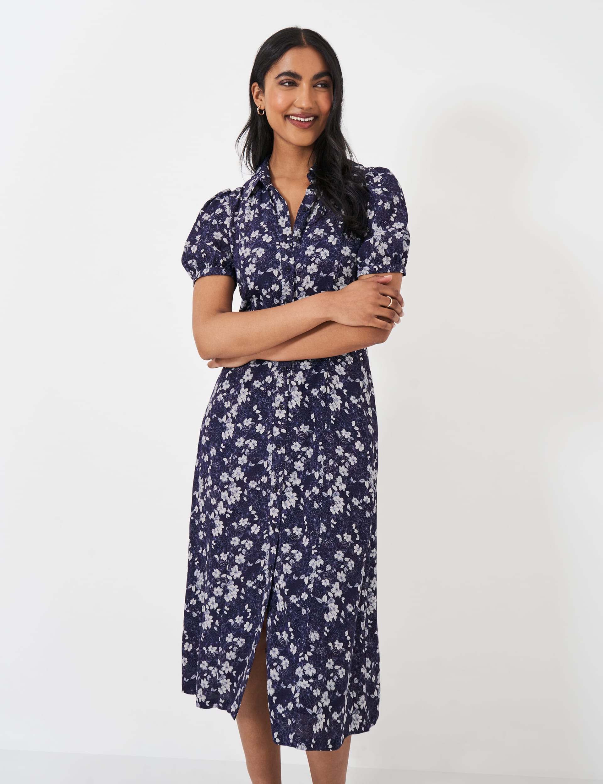 Crew Clothing Women's Floral Puff Sleeve Midi Shirt Dress - 8 - Navy Mix, Navy Mix