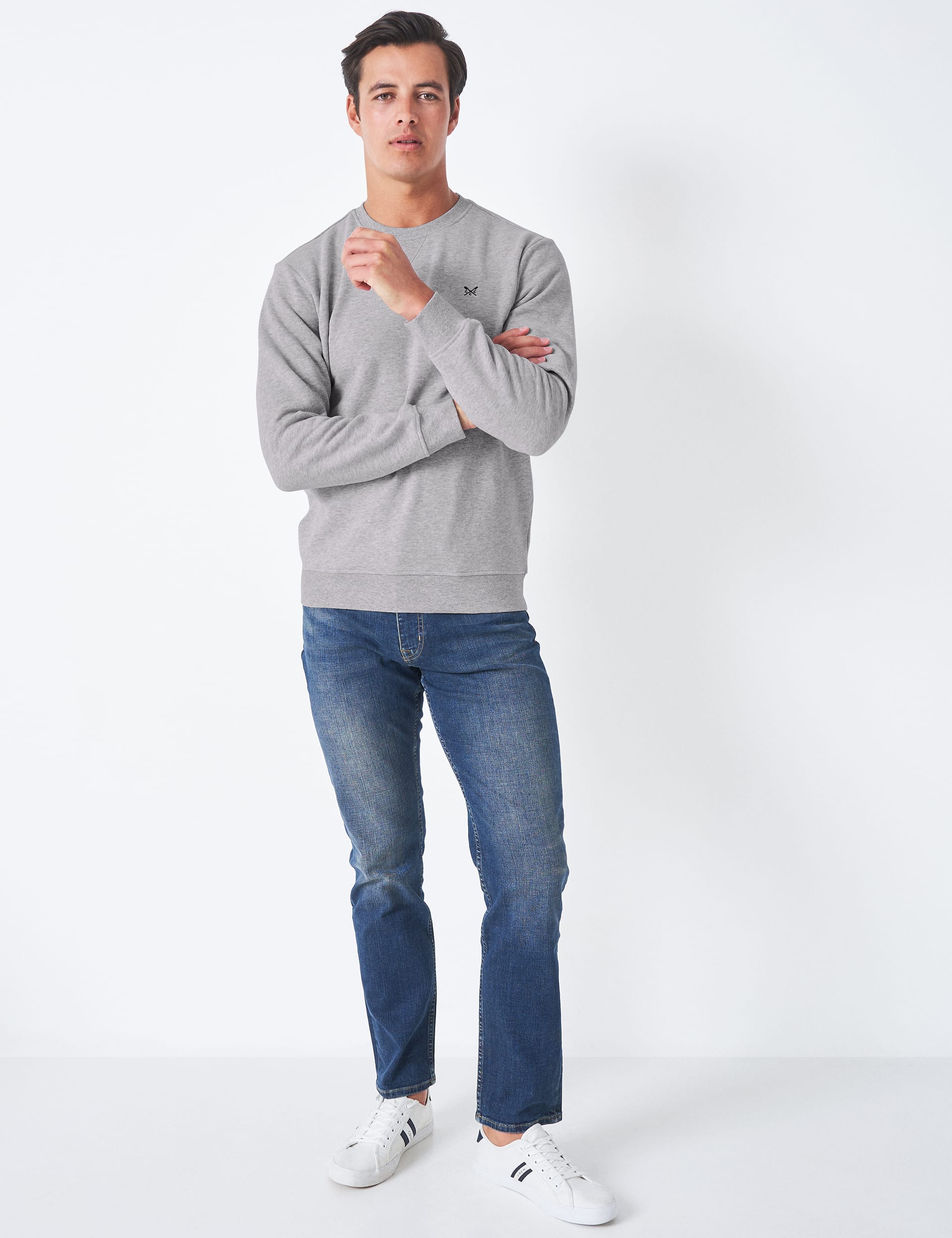 Crew Clothing Men's Cotton Rich Crew Neck Sweatshirt - XL - Grey Marl, Grey Marl,Dark Navy