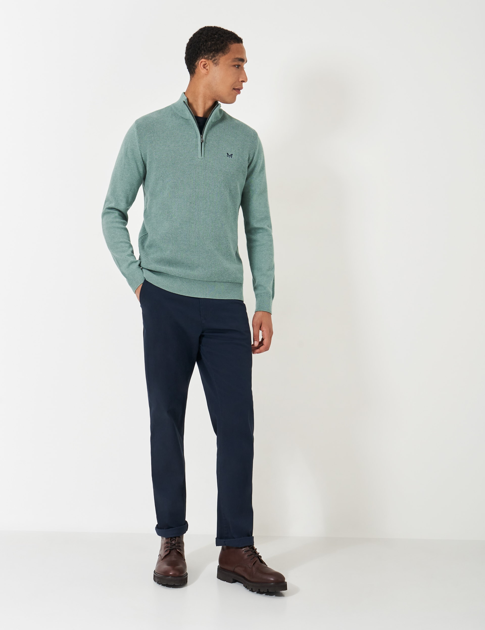 Crew Clothing Men's Pure Wool Funnel Neck Half Zip Jumper - Light Green, Light Green,Dark Blue