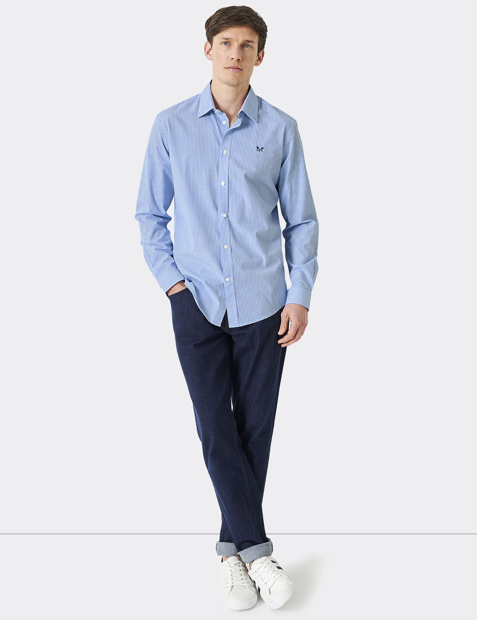 Crew Clothing Men's Slim Fit Pure Cotton Check Poplin Shirt - Blue Mix, Blue Mix,Medium Blue Mix,Pink Mix