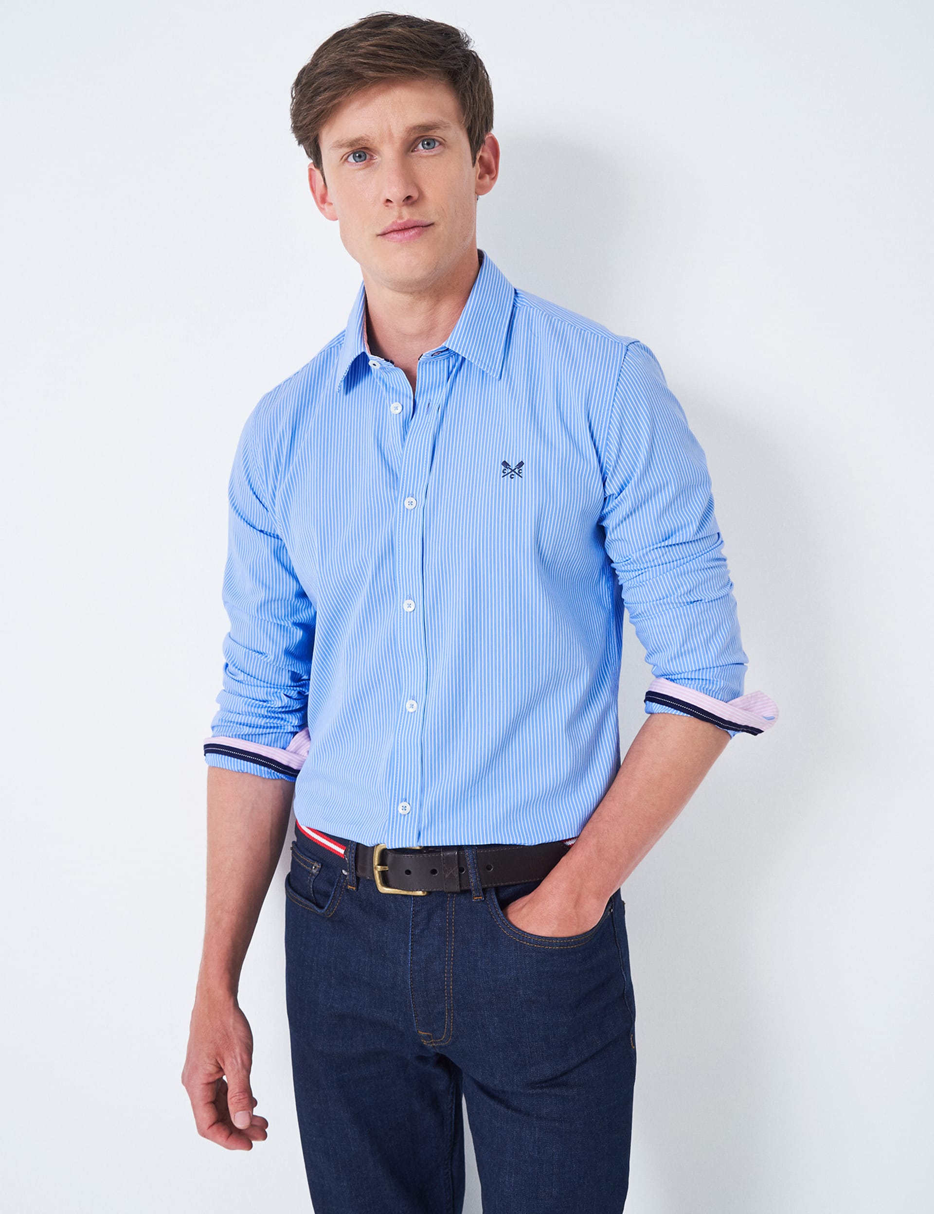 Crew Clothing Men's Slim Fit Pure Cotton Striped Poplin Shirt - Blue Mix, Blue Mix,Bright Blue