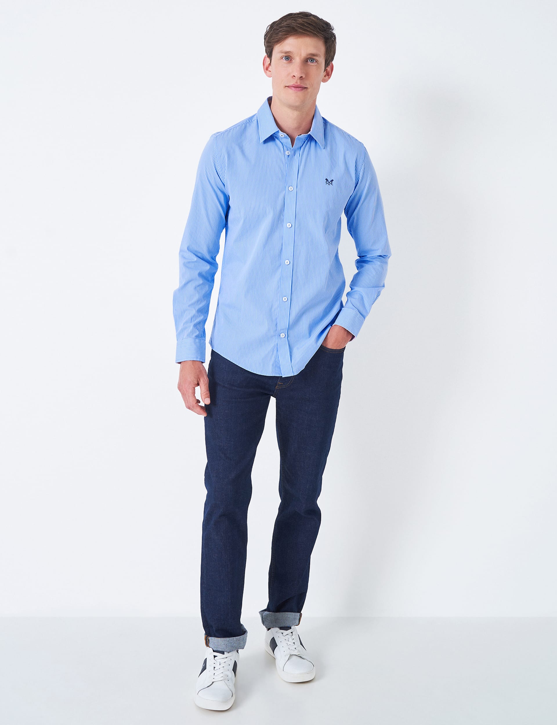 Crew Clothing Men's Slim Fit Pure Cotton Striped Poplin Shirt - Blue Mix, Blue Mix