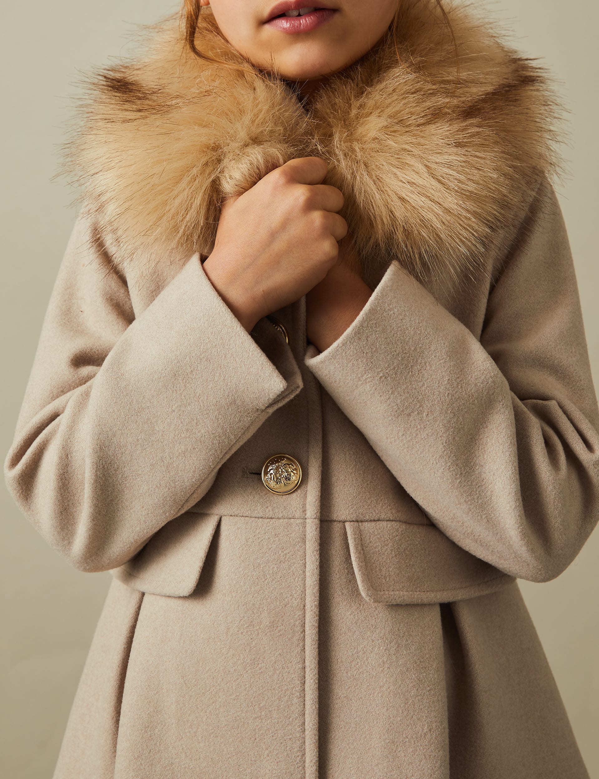 Reiss Girls Faux Fur Collar Wool Blend Coat (4-14 Yrs) - 12-13 - Natural, Natural