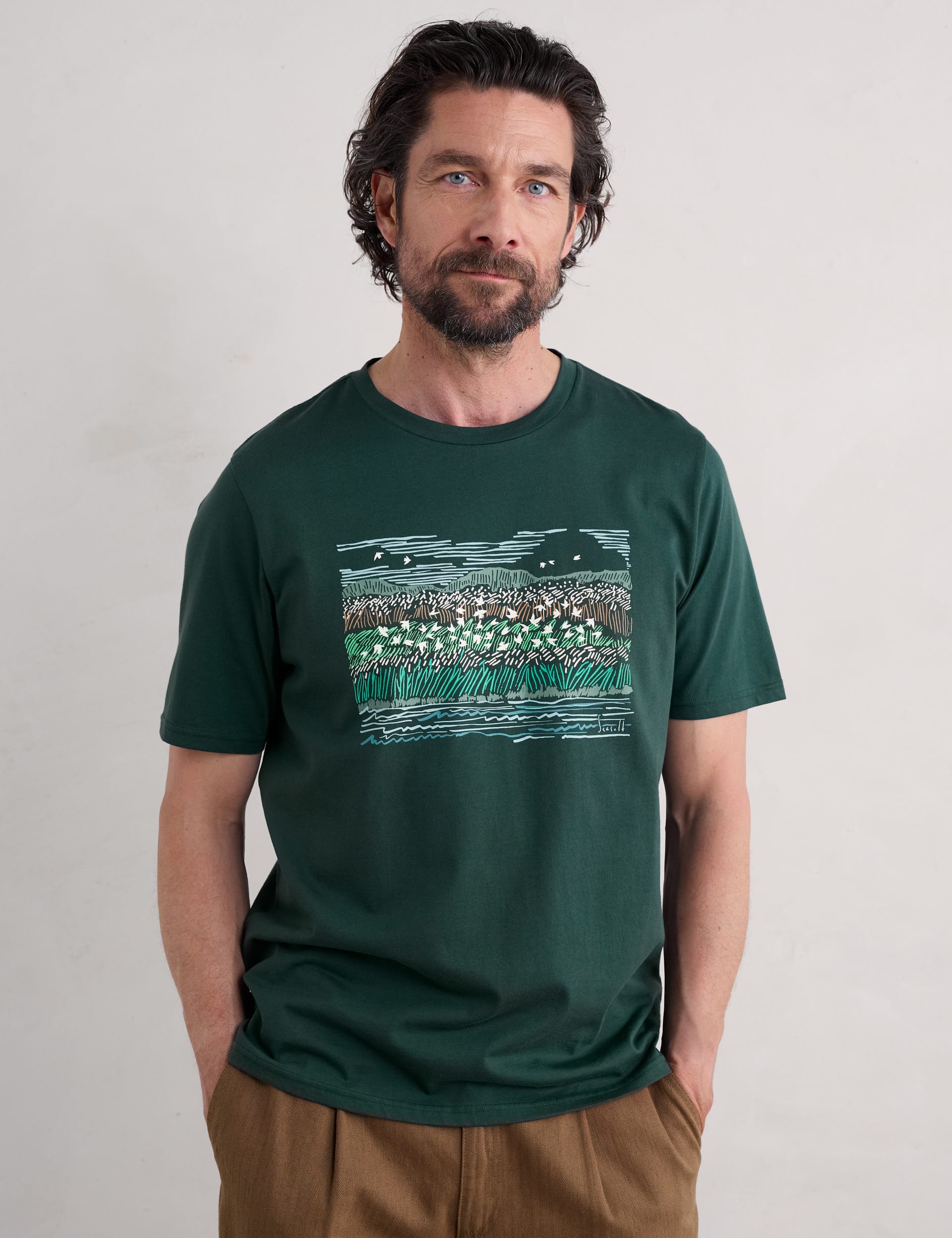 Seasalt Cornwall Men's Pure Cotton Printed T-Shirt - Green Mix, Green Mix