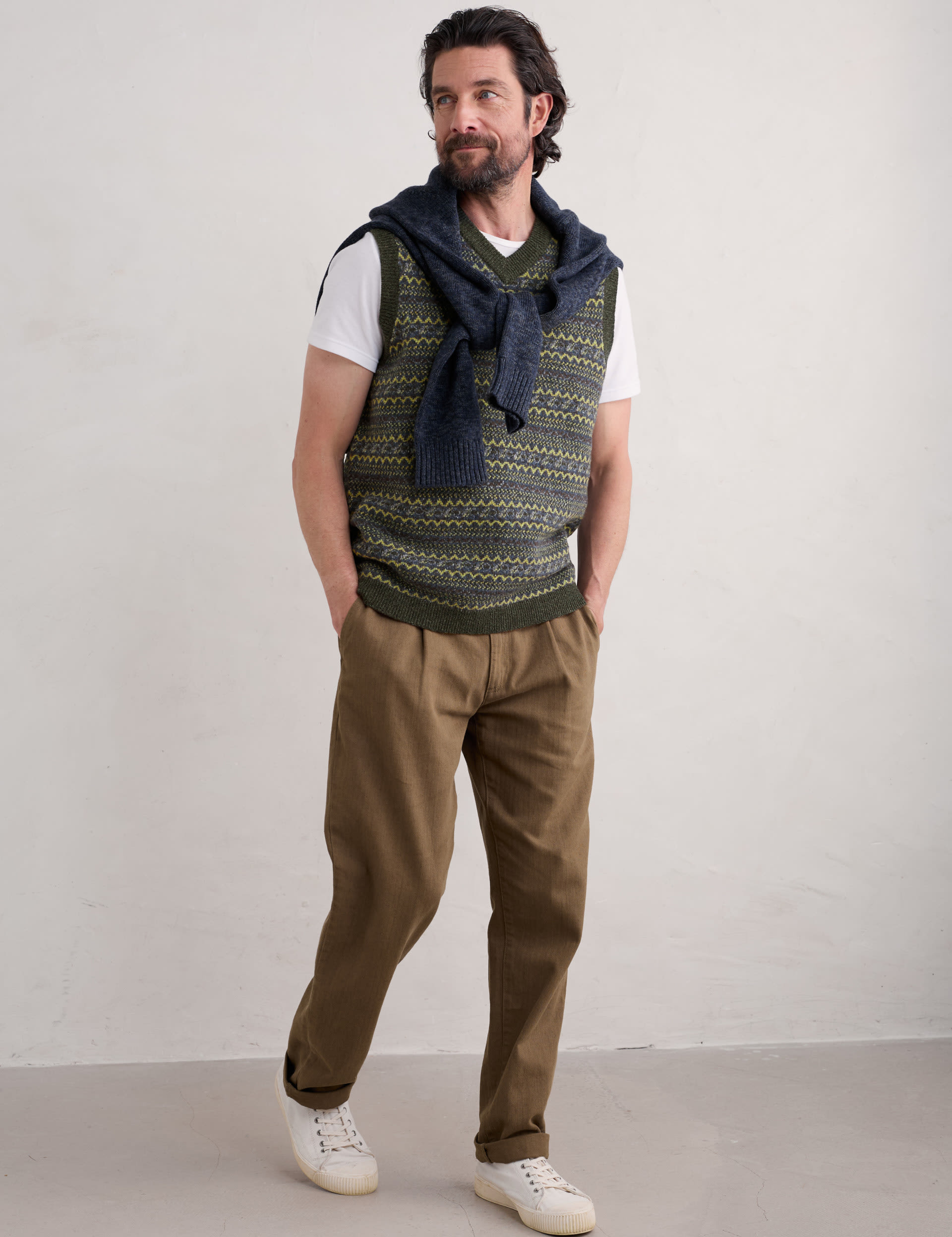 Seasalt Cornwall Men's Lambswool Rich Fair Isle Knitted Vest - Green Mix, Green Mix