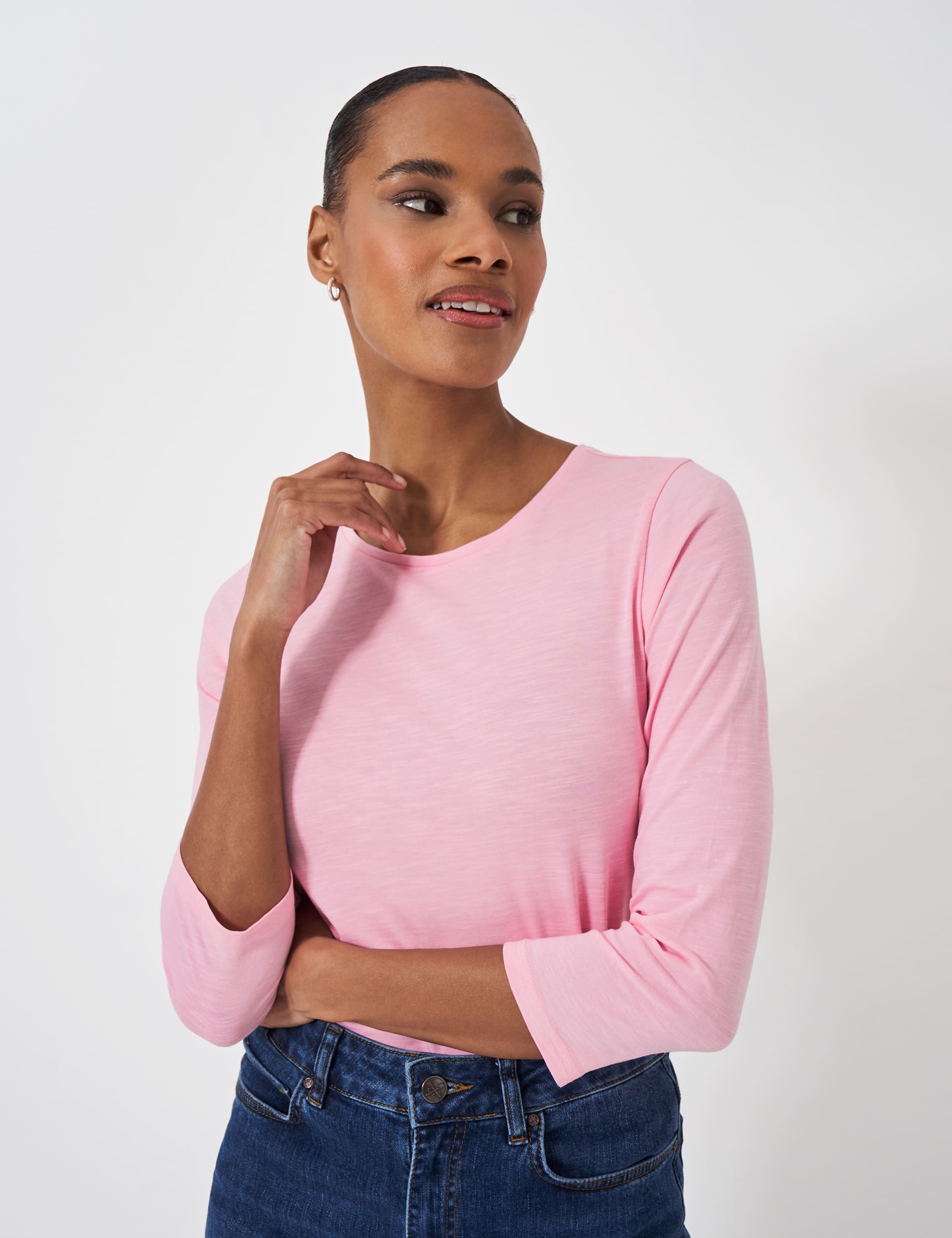 Crew Clothing Women's Pure Cotton Crew Neck Top - 10 - Light Pink, White,Light Pink,Navy