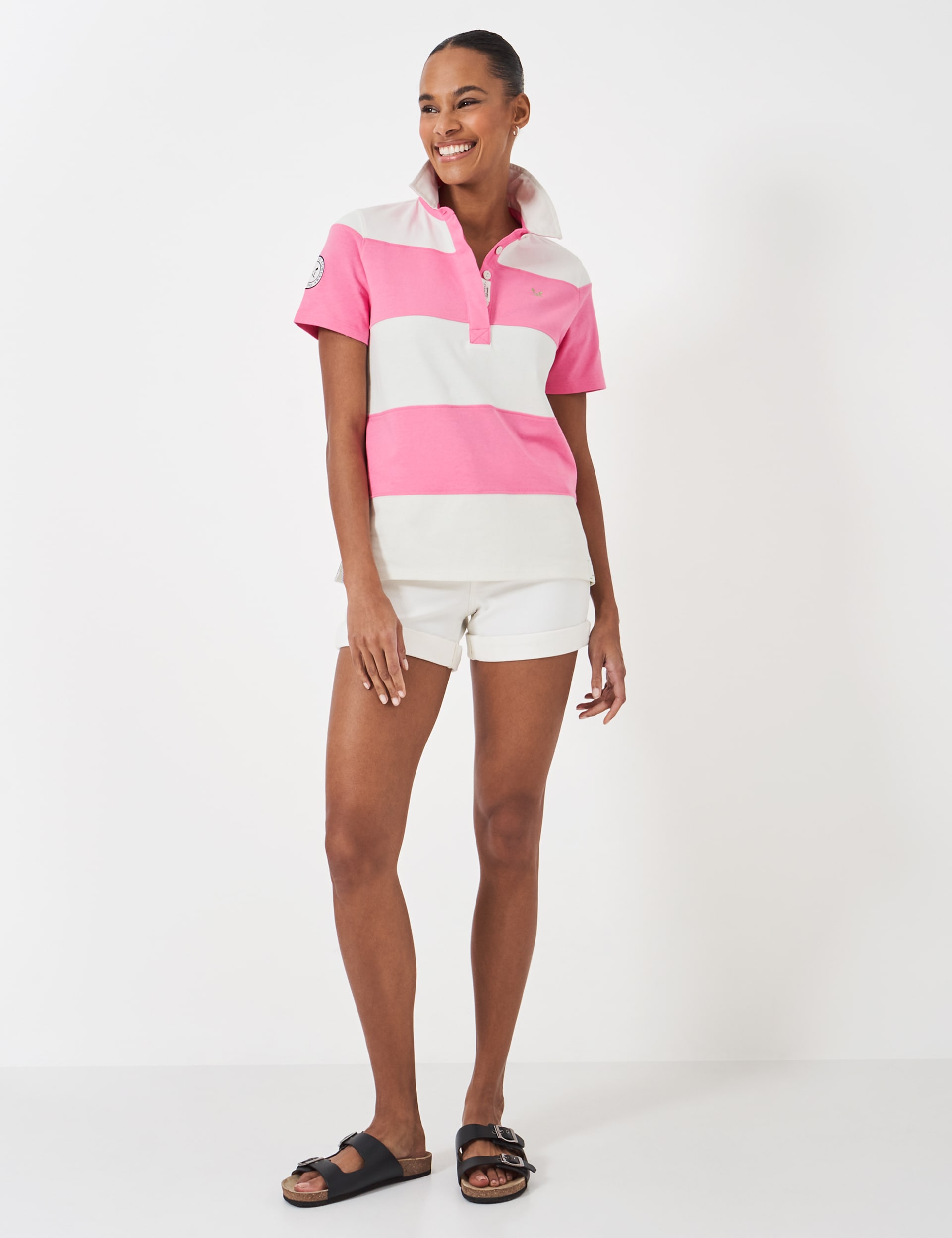 Crew Clothing Women's Pure Cotton Striped Collared Rugby Top - 8 - Pink Mix, Pink Mix