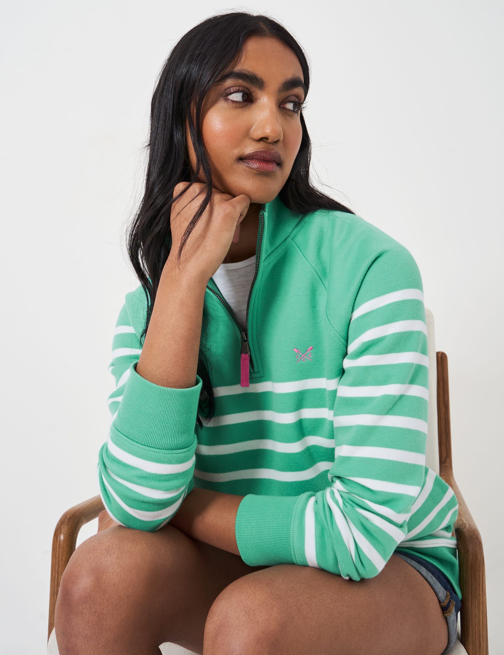 Crew Clothing Women's Cotton Rich Striped Funnel Neck Sweatshirt - 10 - Green Mix, Green Mix