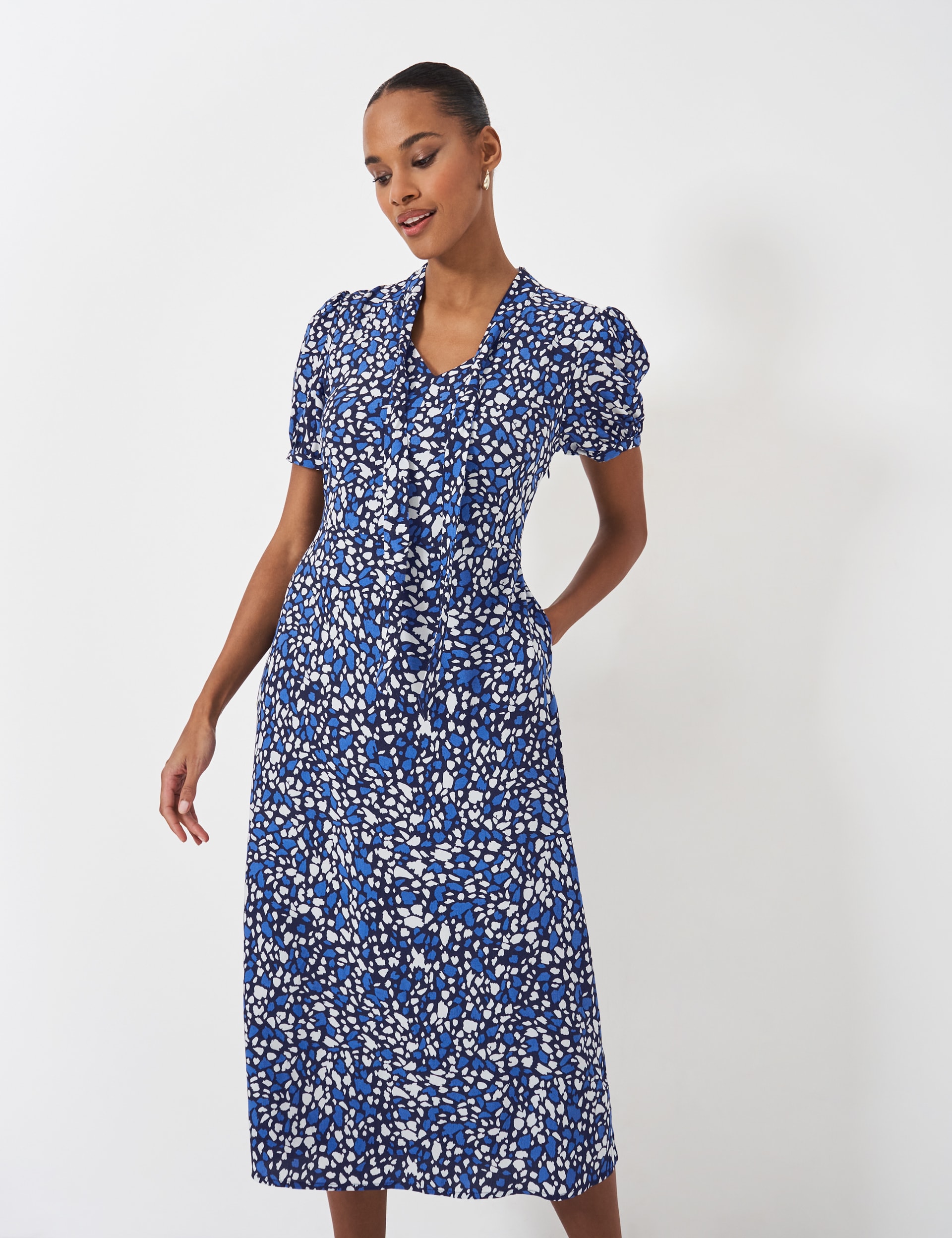 Crew Clothing Women's Printed Tie Neck Midi Tea Dress - 8 - Blue Mix, Blue Mix