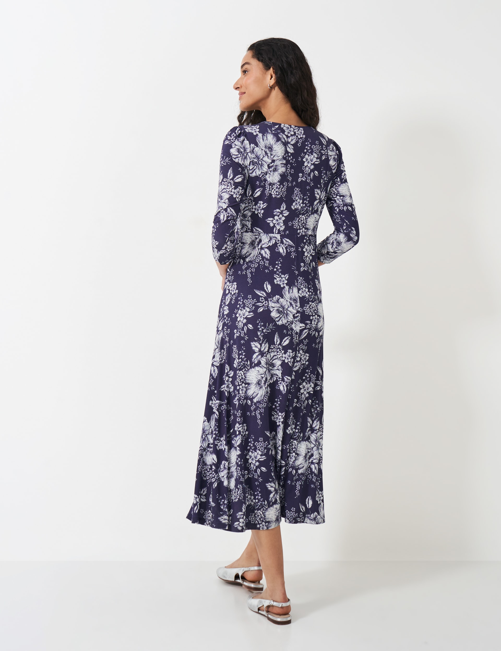 Crew Clothing Women's Jersey Floral V-Neck Midi Waisted Dress - 10 - Blue Mix, Blue Mix