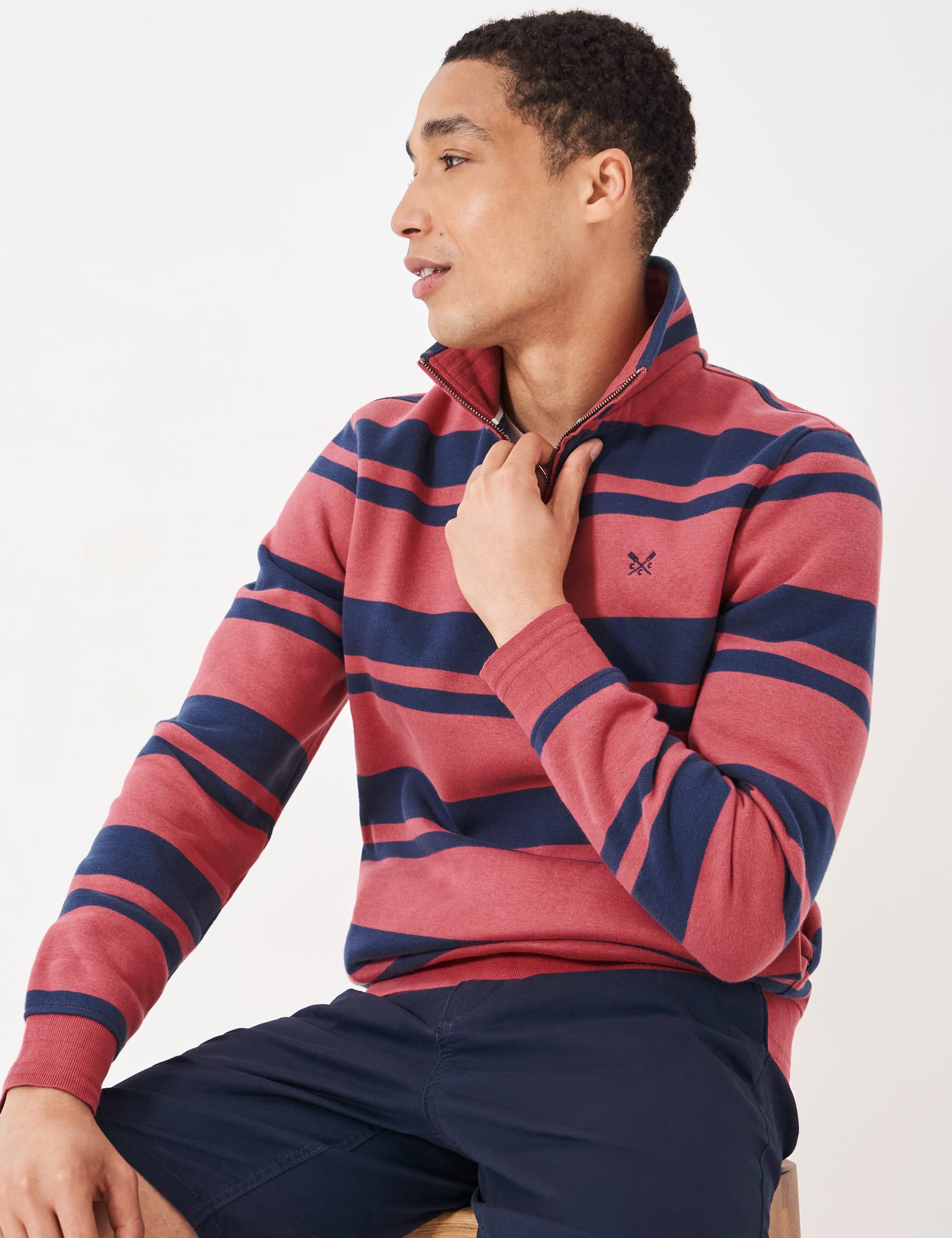 Crew Clothing Men's Cotton Rich Striped Half Zip Sweatshirt - XS - Pink Mix, Pink Mix