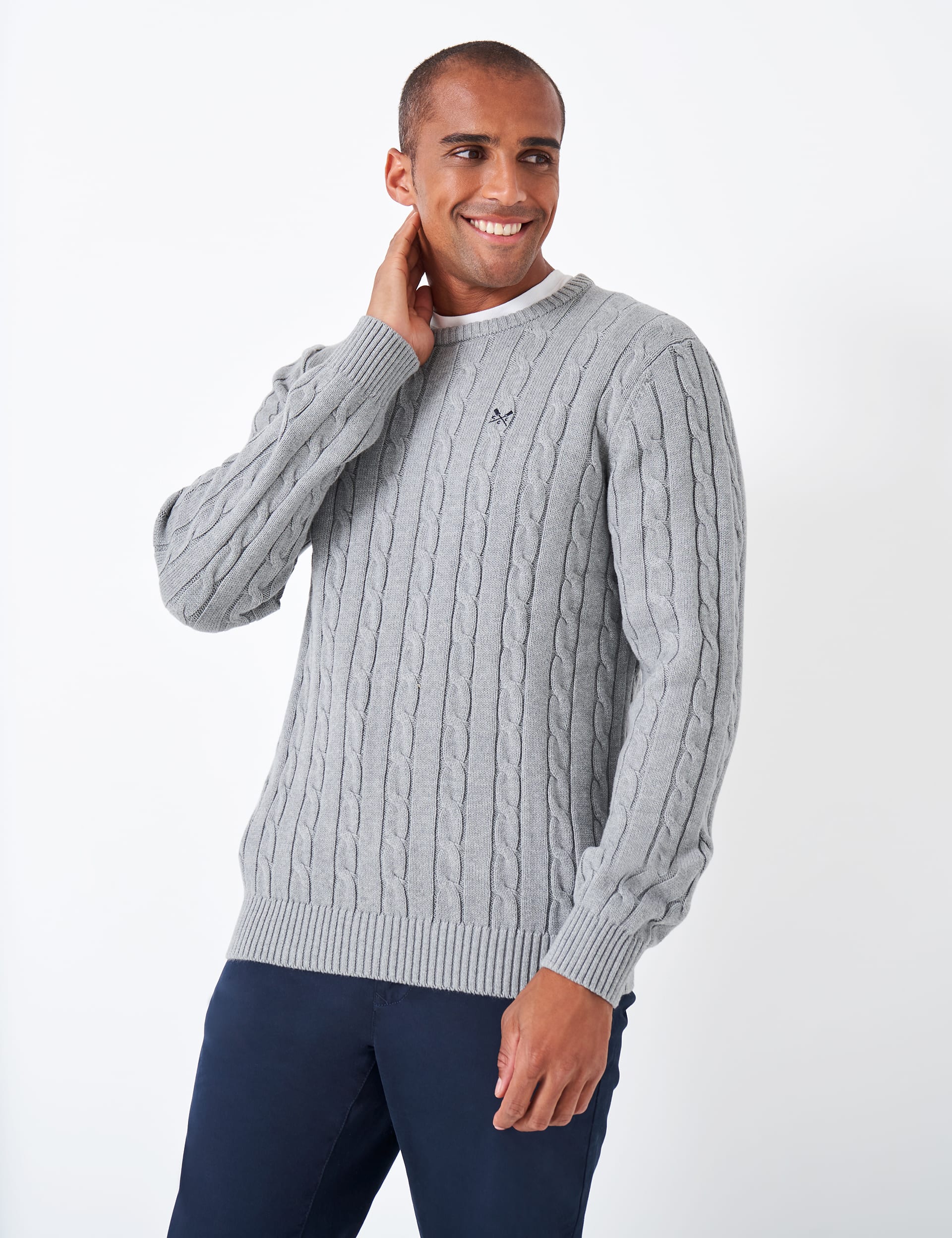 Crew Clothing Men's Pure Cotton Cable Crew Neck Jumper - Grey Marl, Dark Navy,Grey Marl