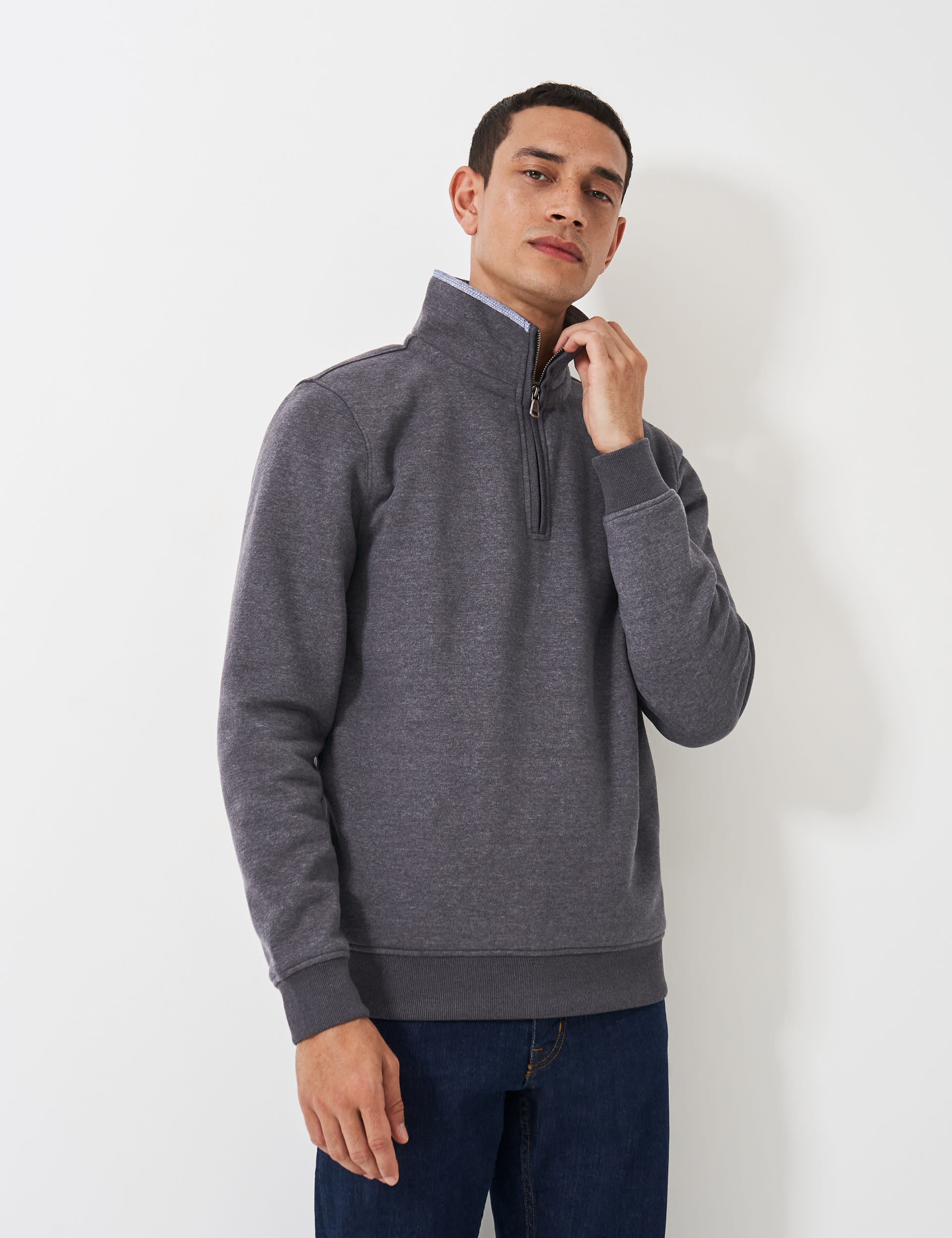 Crew Clothing Men's Cotton Rich Funnel Neck Half Zip Sweatshirt - Charcoal, Charcoal