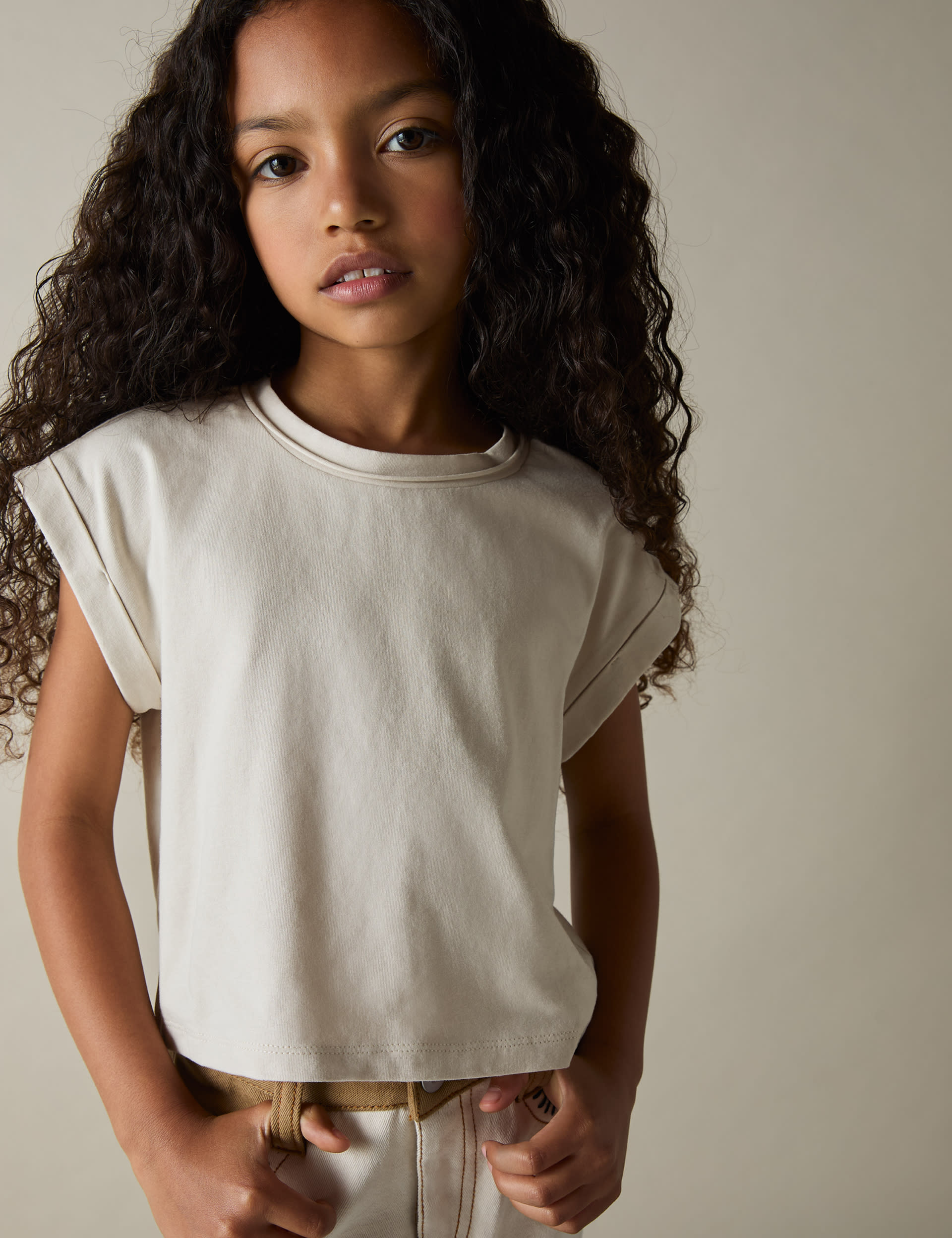 Reiss Girls Pure Cotton Cropped T-Shirt (4-14 Yrs) - 13-14 - Tan, Grey,Tan