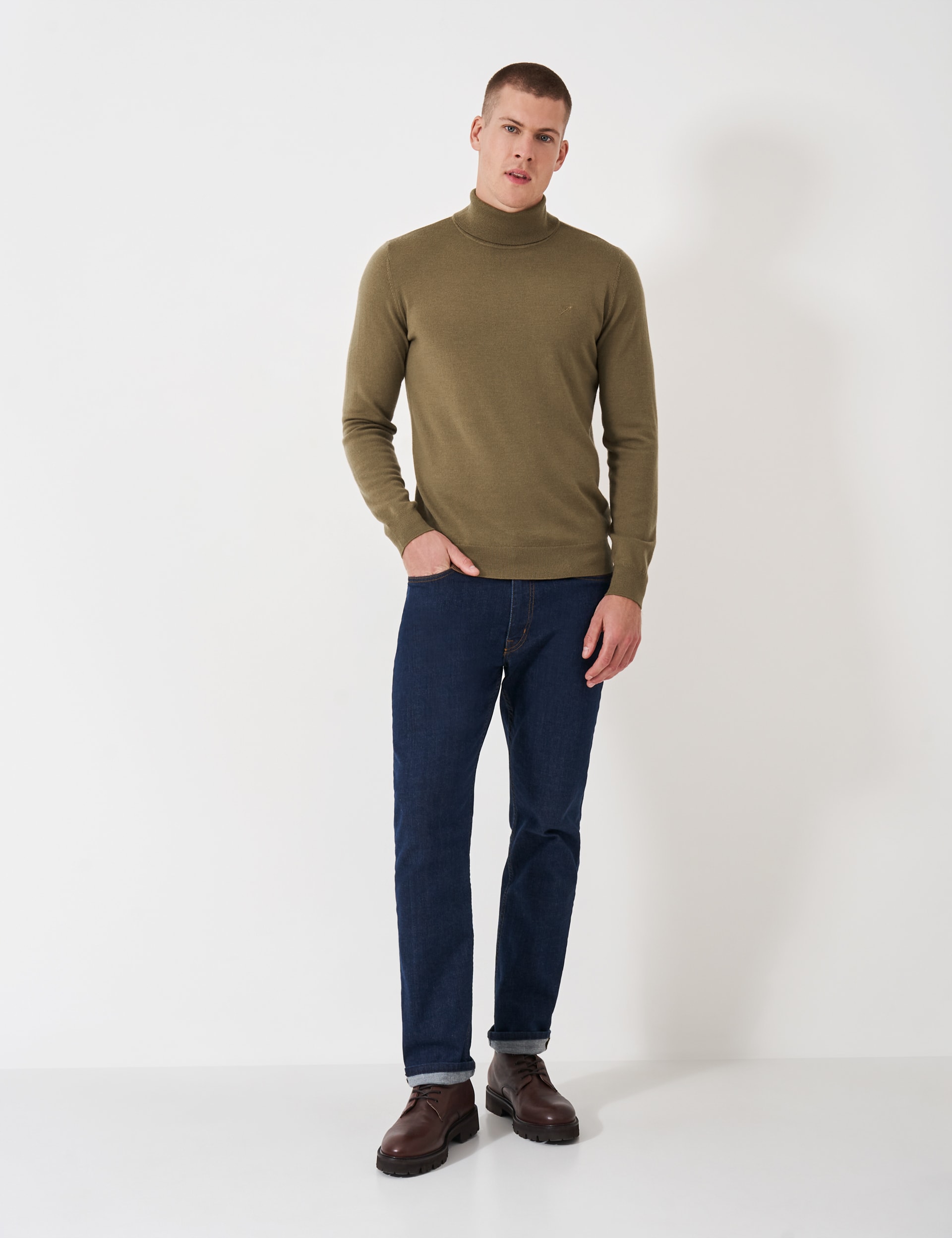 Crew Clothing Men's Pure Merino Wool Roll Neck Jumper - Tan, Tan,Navy