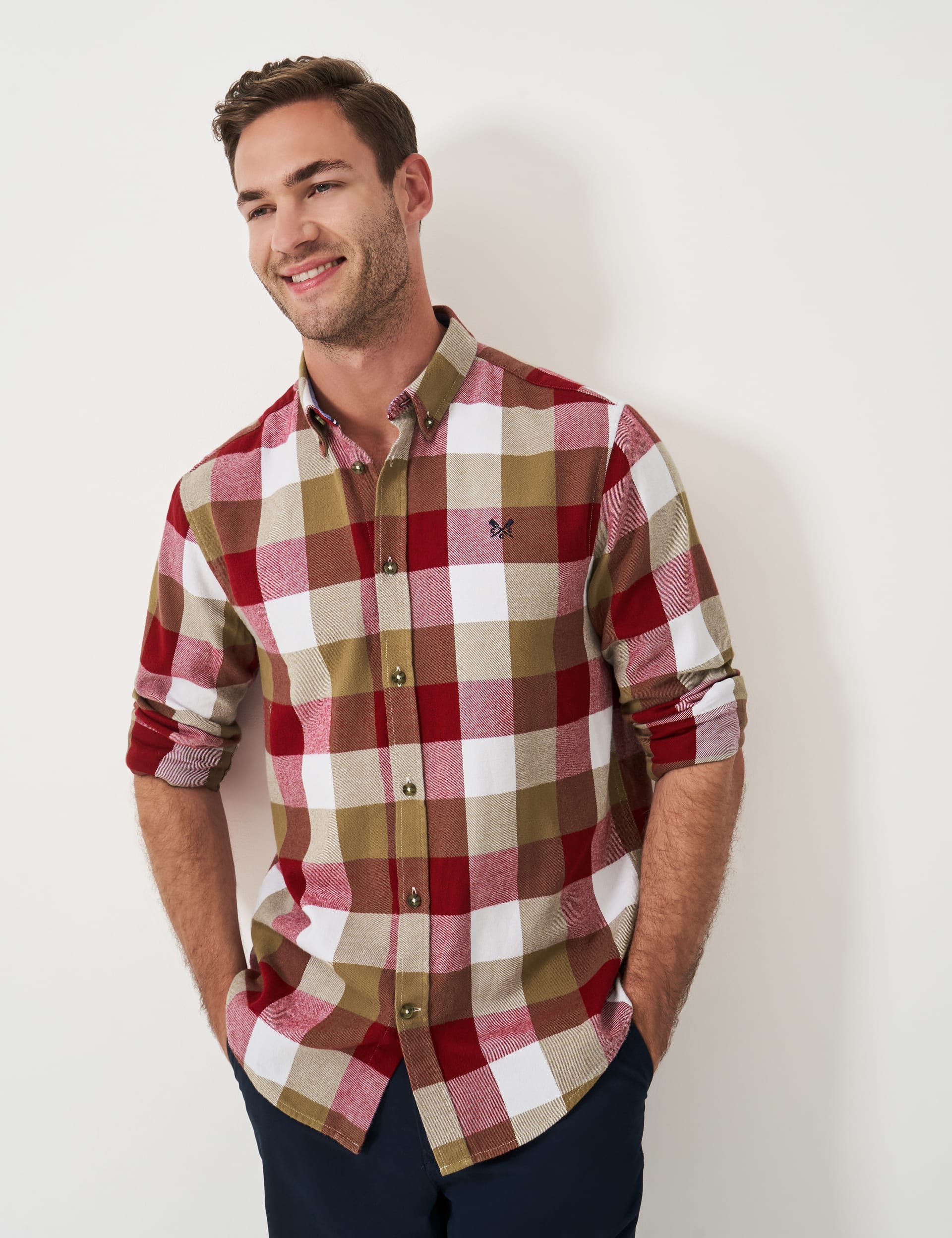 Crew Clothing Men's Pure [Supima] Cotton Check Flannel Shirt - Brown Mix, Navy Mix,Brown Mix,Green 