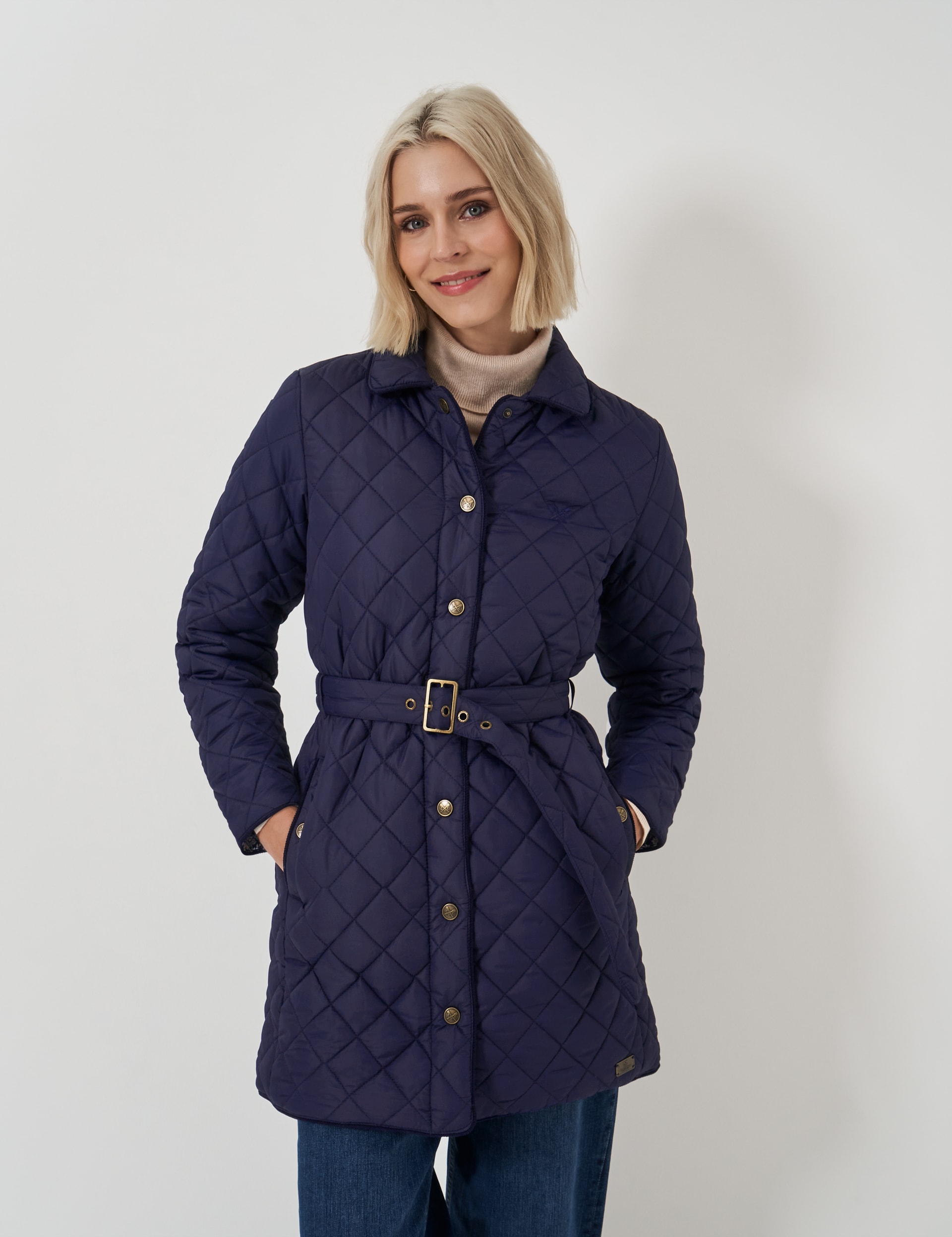 Crew Clothing Women's Diamond Quilted Belted Longline Coat - 12 - Navy, Navy