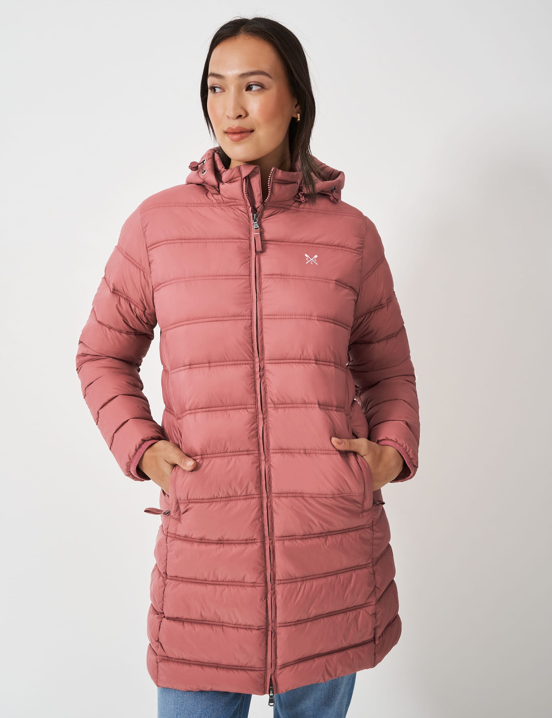 Crew Clothing Women's Hooded Padded Longline Coat - 14 - Light Pink, Oatmeal,Light Pink,Medium Grey