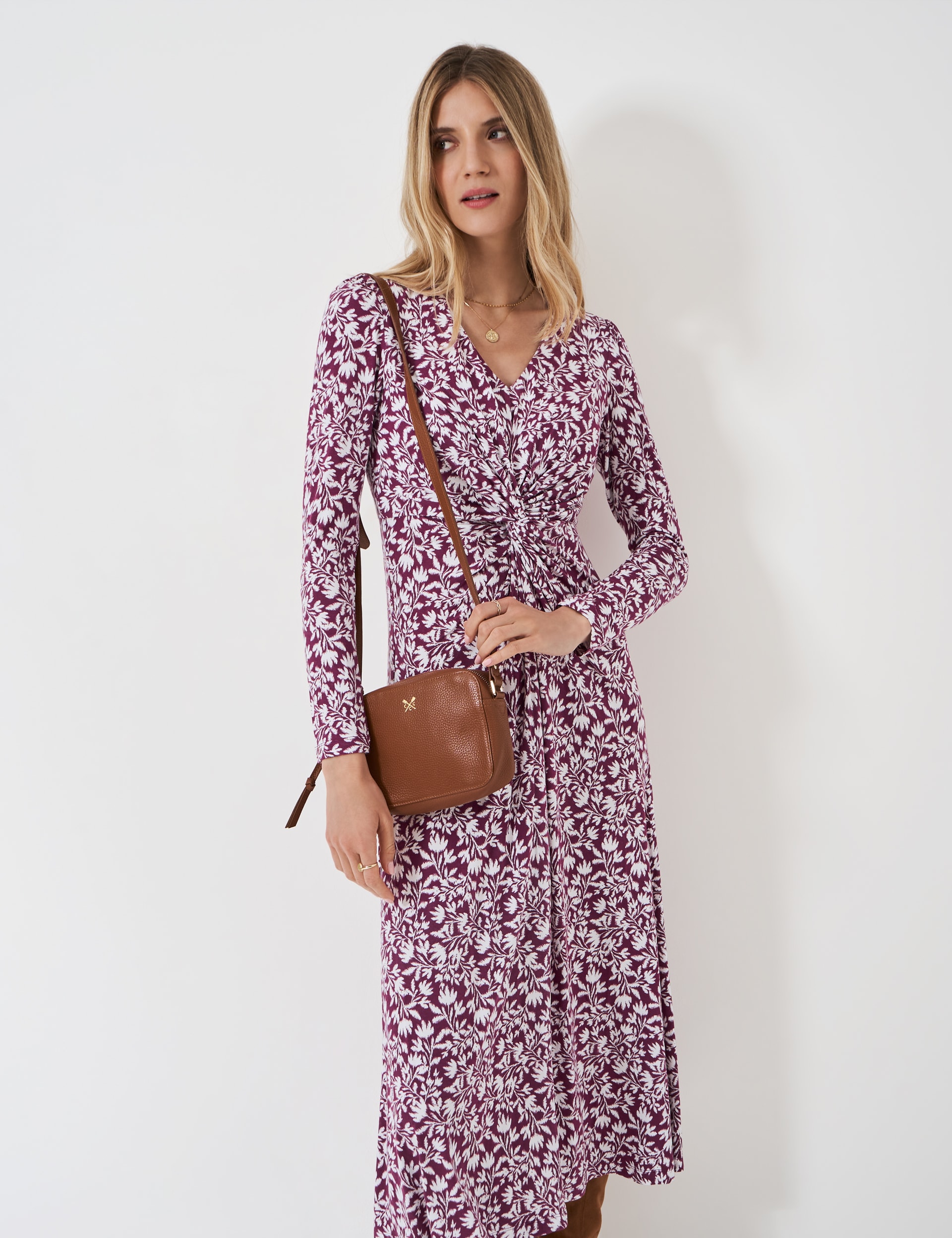 Crew Clothing Women's Jersey Floral V-Neck Midi Waisted Dress - 8 - Burgundy Mix, Burgundy Mix