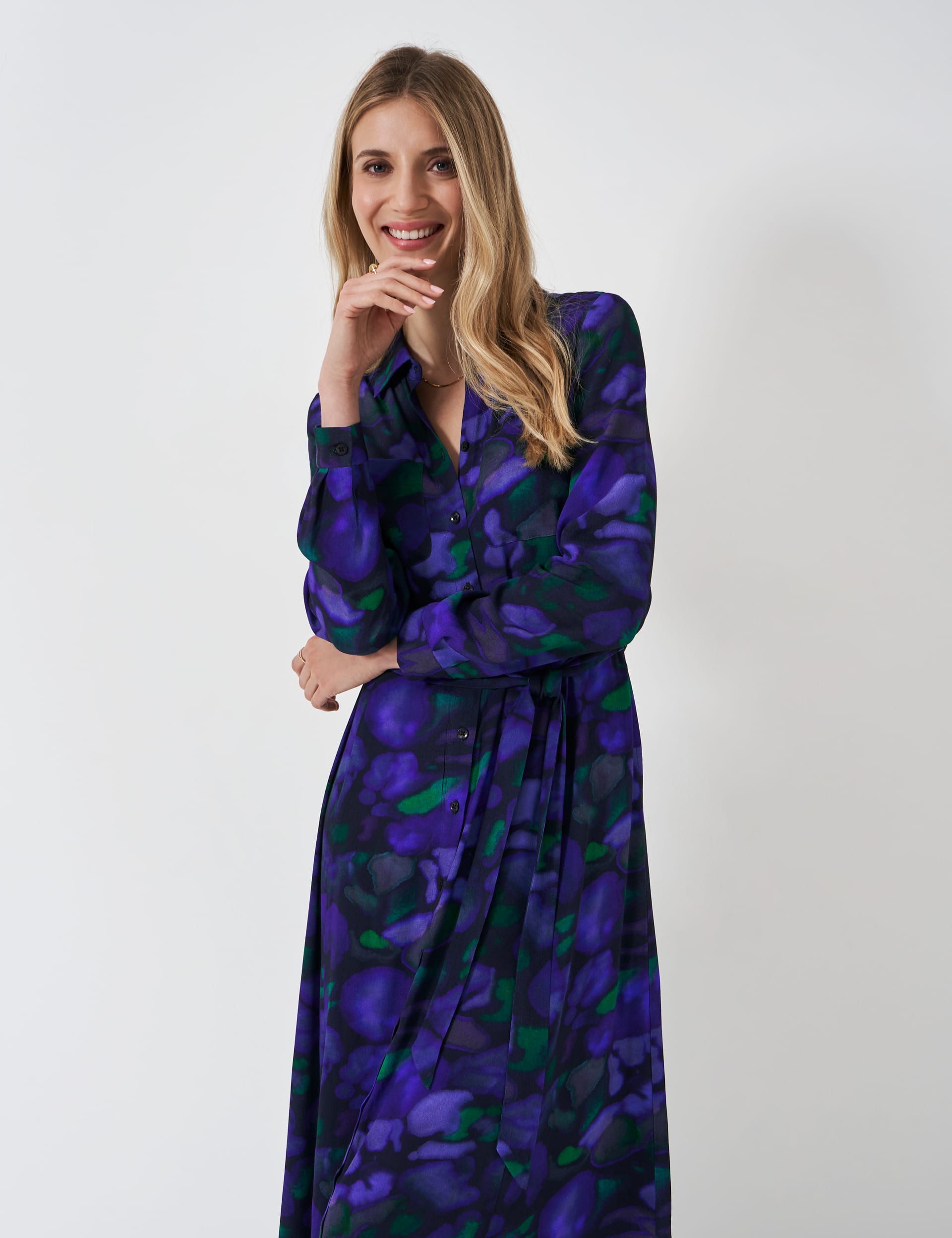 Crew Clothing Women's Printed Midi Shirt Dress - 12 - Blue Mix, Blue Mix