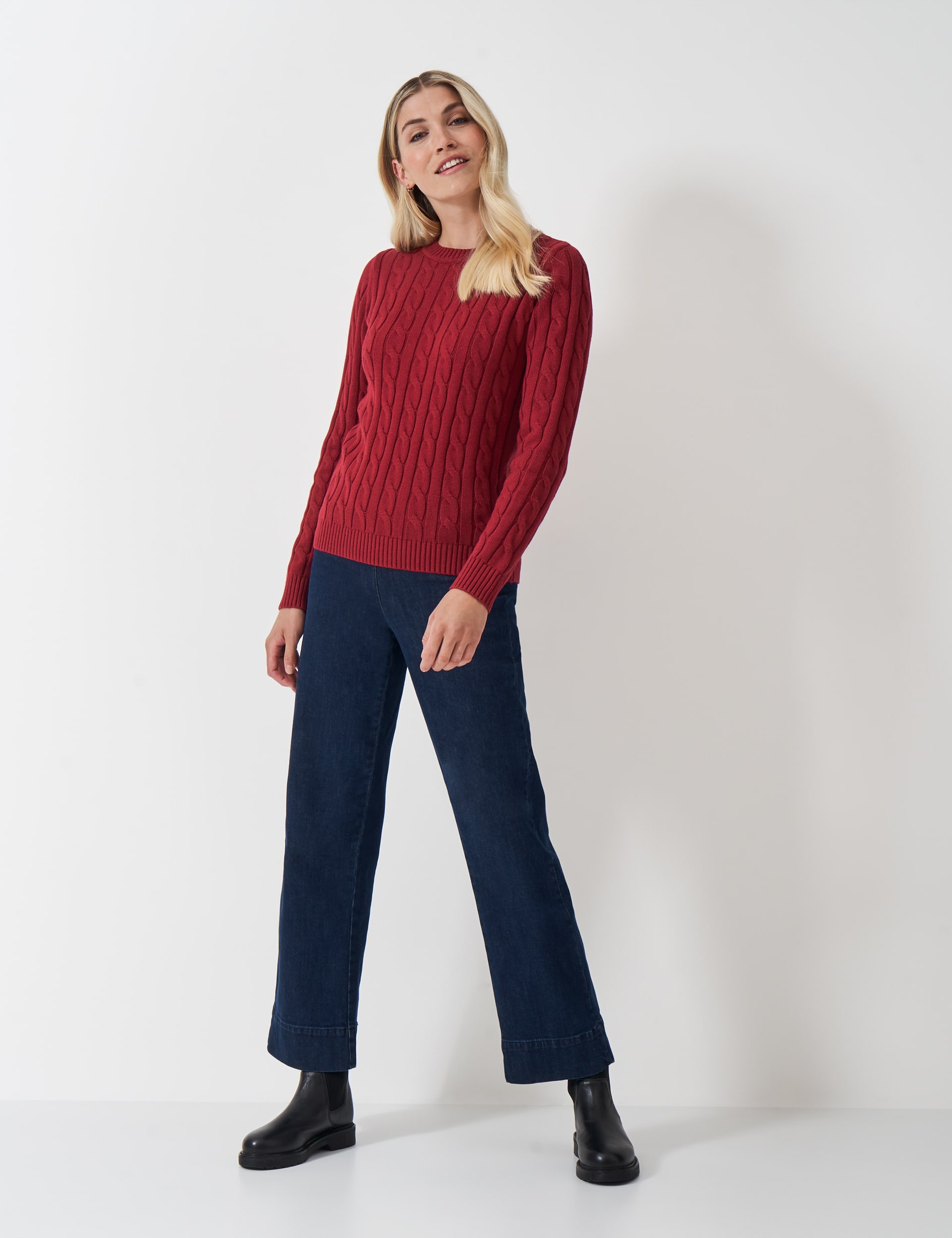 Crew Clothing Women's Cotton Rich Cable Knit Crew Neck Jumper - 6 - Dark Red, Dark Red,White