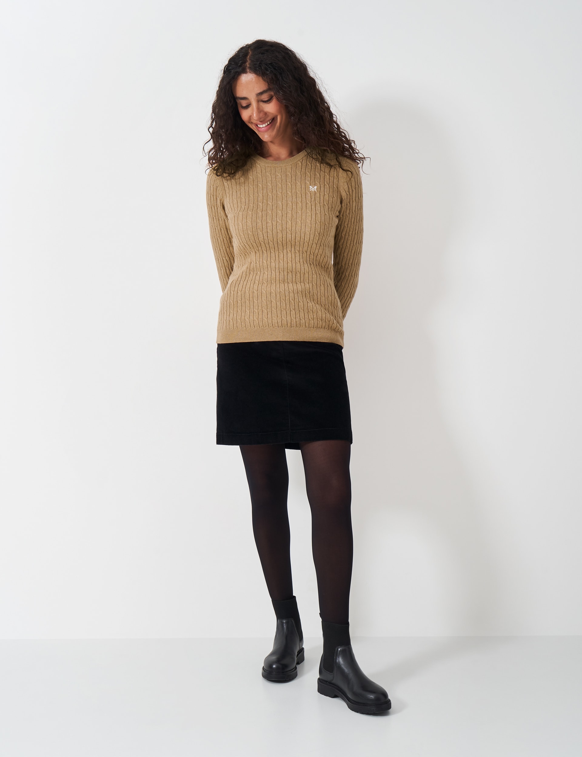 Crew Clothing Women's Cable Knit Crew Neck Jumper with Cashmere - 14 - Camel, Camel