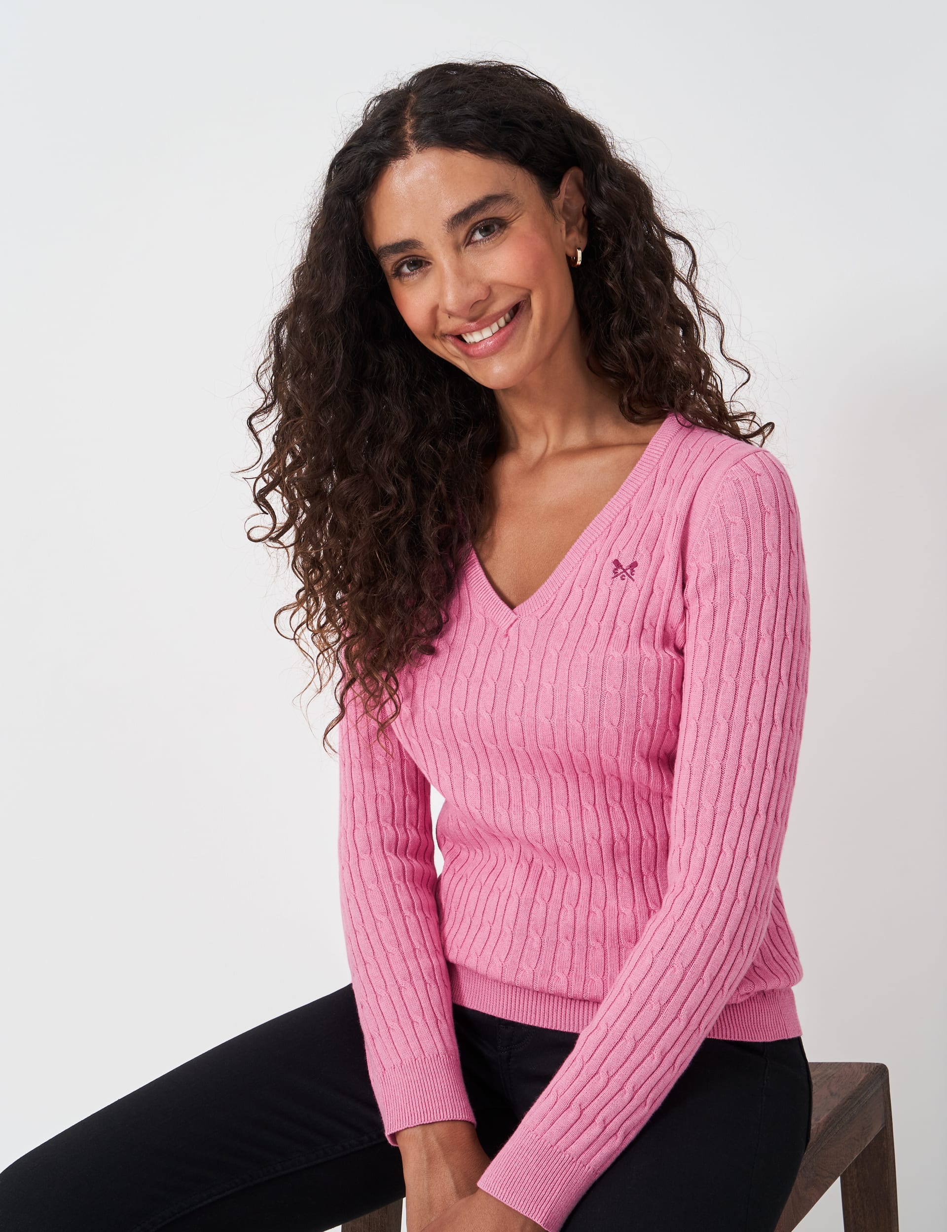 Crew Clothing Women's Cotton Rich Cable Knit V-Neck Junmper - 8 - Bright Pink, Bright Pink