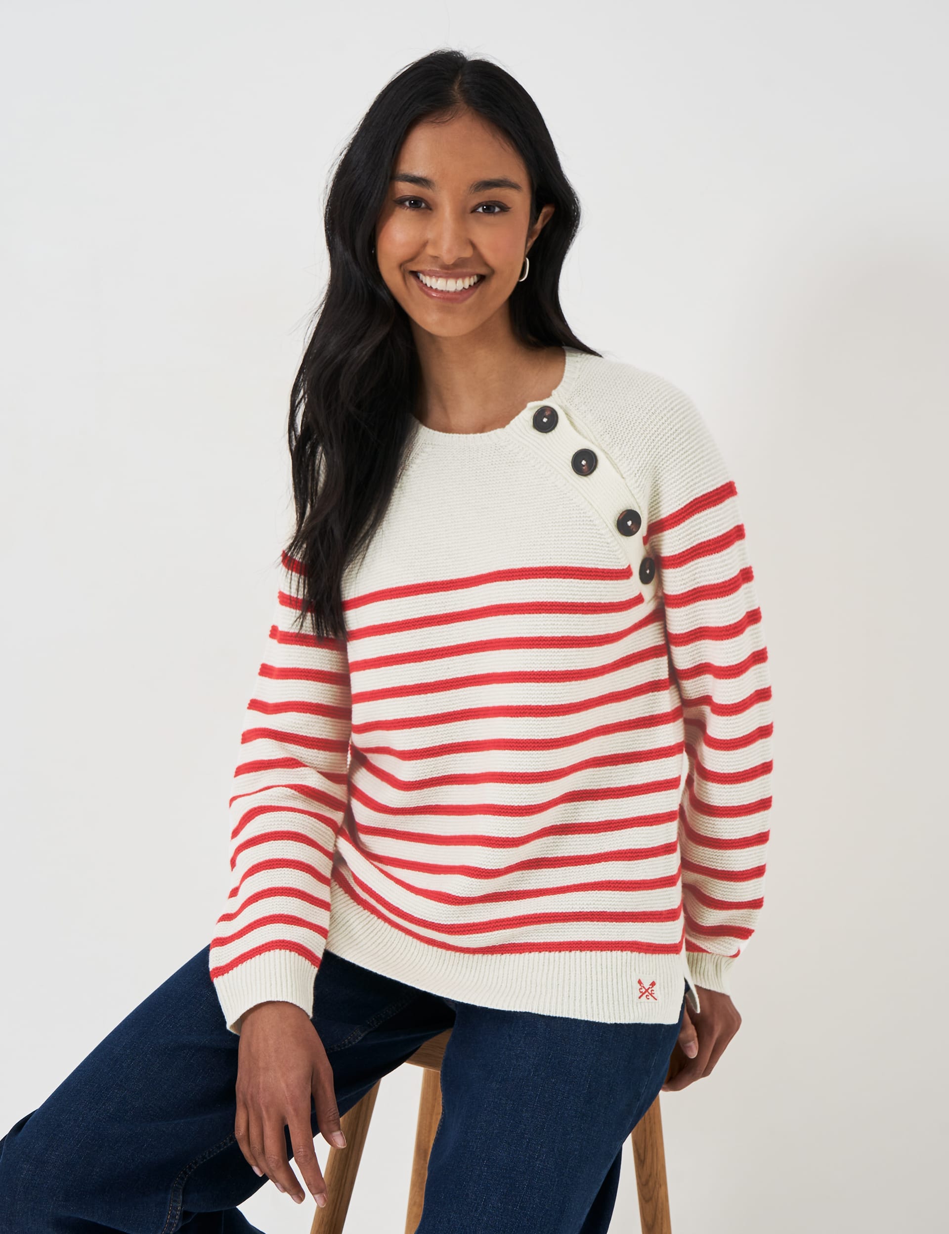 Crew Clothing Women's Merino Wool Rich Striped Button Detail Jumper - 18 - Red Mix, Navy Mix,Light B