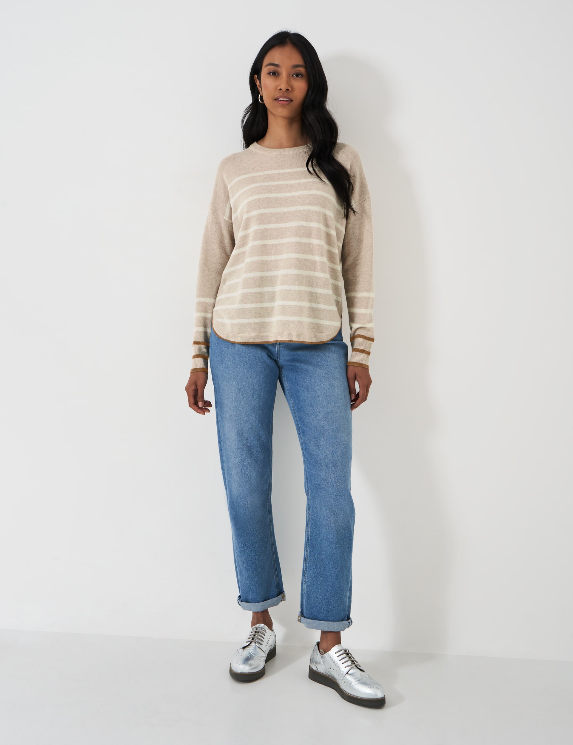 Crew Clothing Women's Merino Wool Rich Striped Jumper - 12 - Oatmeal Mix, Navy Mix,Oatmeal Mix