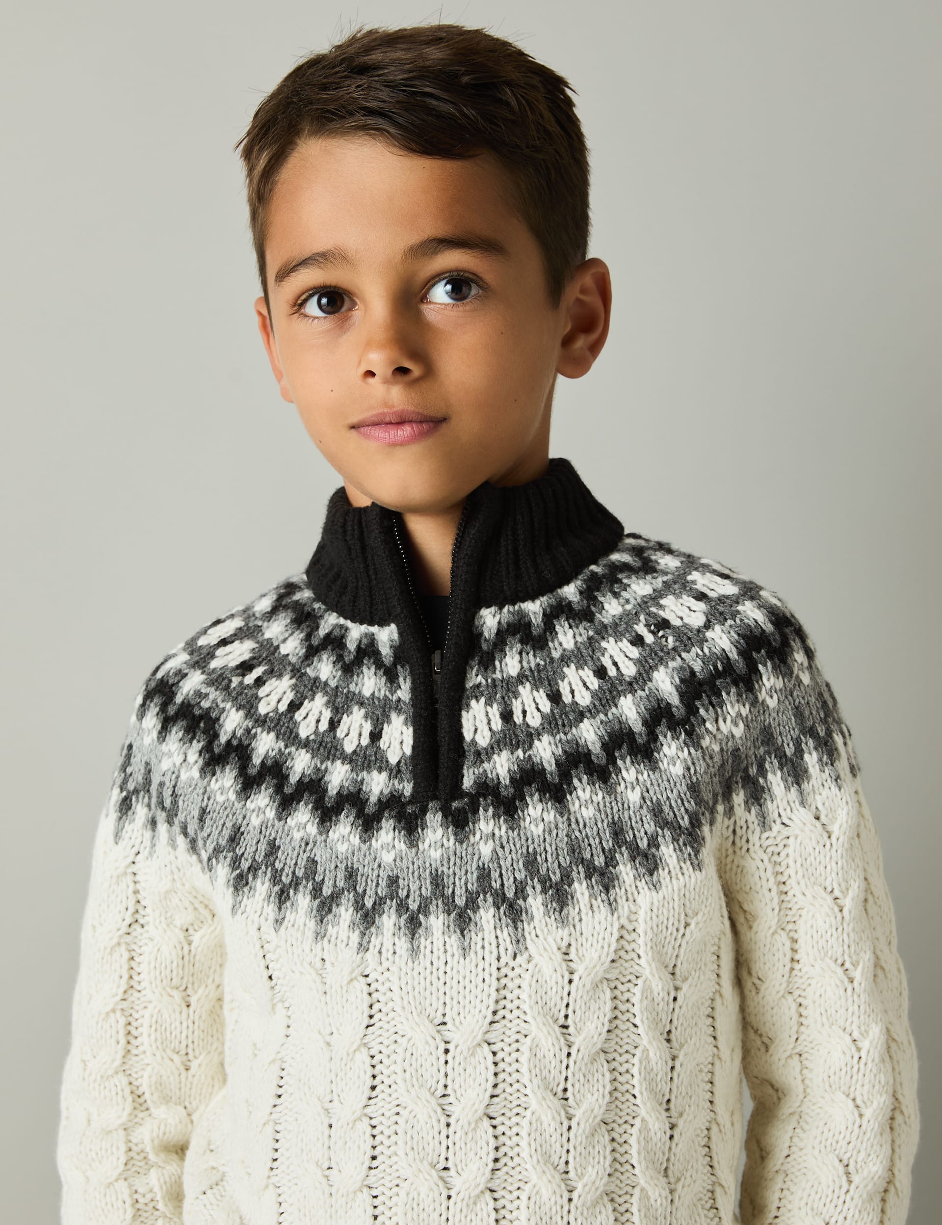 Reiss Boys Cotton Blend Fair Isle Half Zip Jumper (3-14 Yrs) - 8-9 Y - White Mix, White Mix