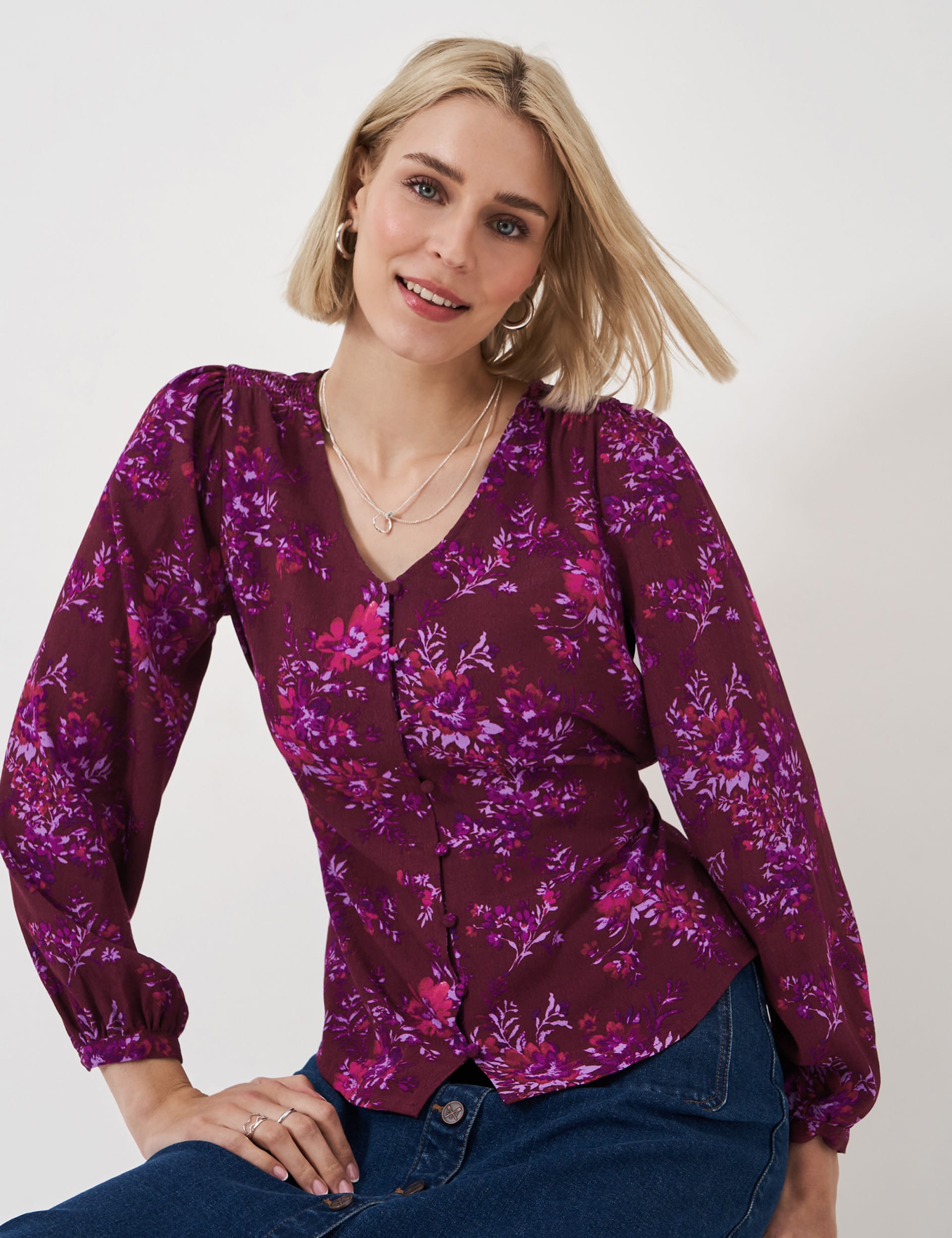 Crew Clothing Women's Floral Tie Back Blouse - 14 - Burgundy Mix, Burgundy Mix