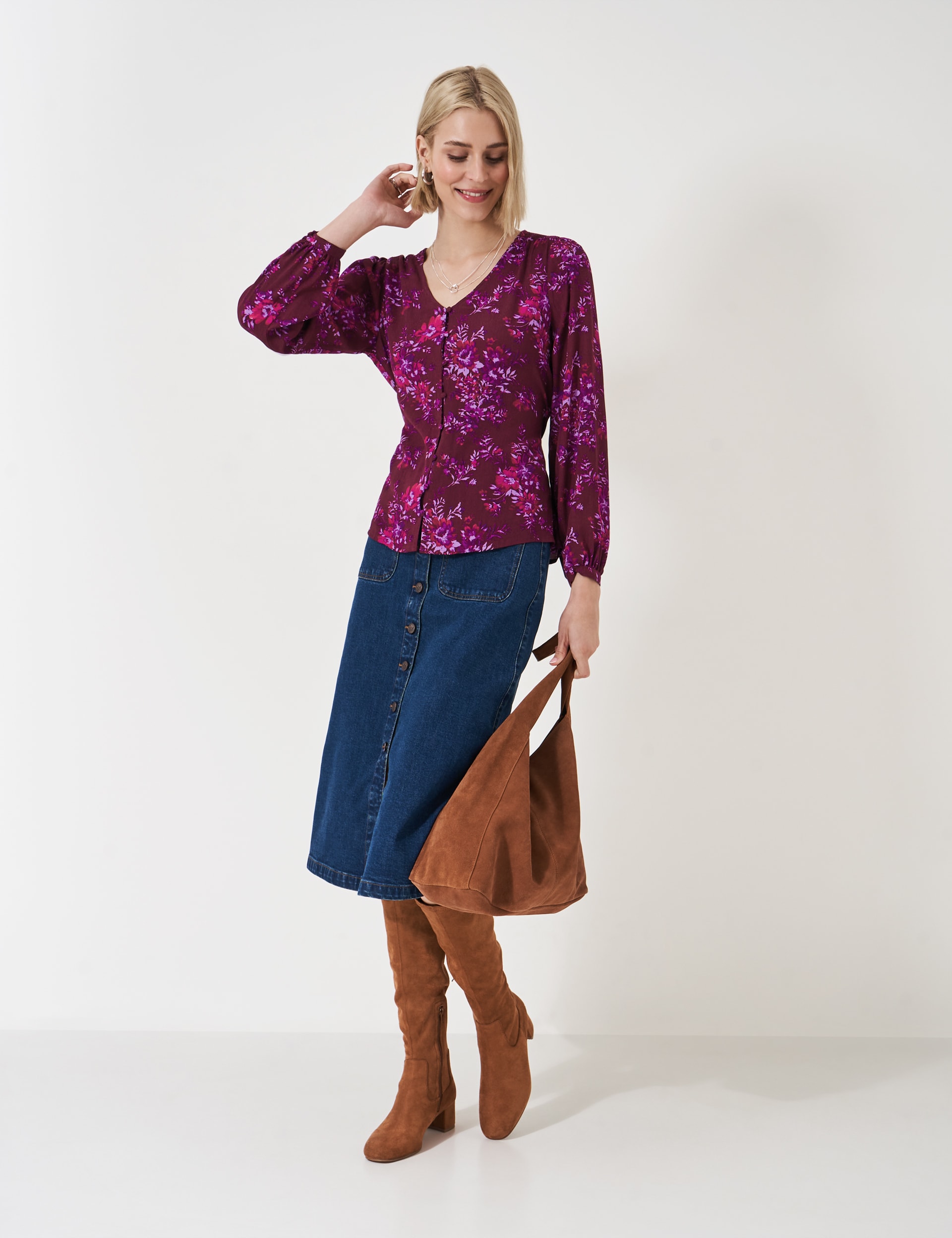 Crew Clothing Women's Floral Tie Back Blouse - 14 - Burgundy Mix, Burgundy Mix