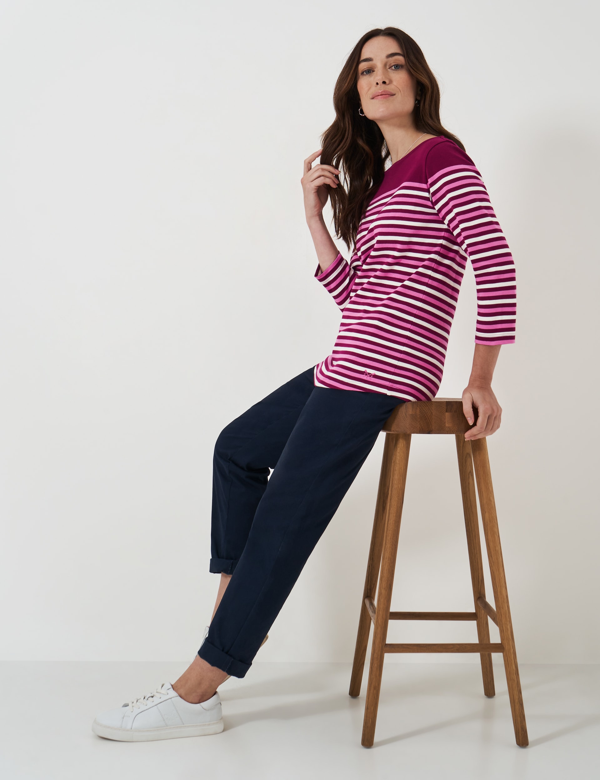 Crew Clothing Women's Pure Cotton Striped Crew Neck Top - 12 - Light Pink, Blue Mix,Light Pink,Navy 