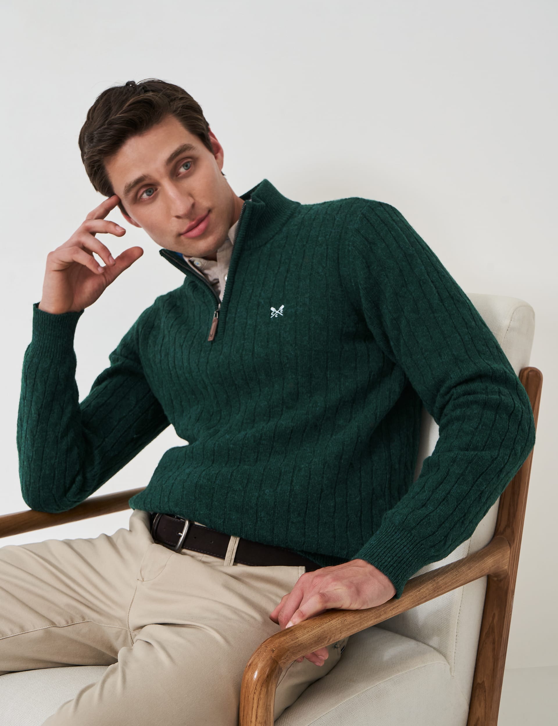 Crew Clothing Men's Lambswool Rich Cable Half Zip Jumper - Dark Green, Dark Green,Dark Grey