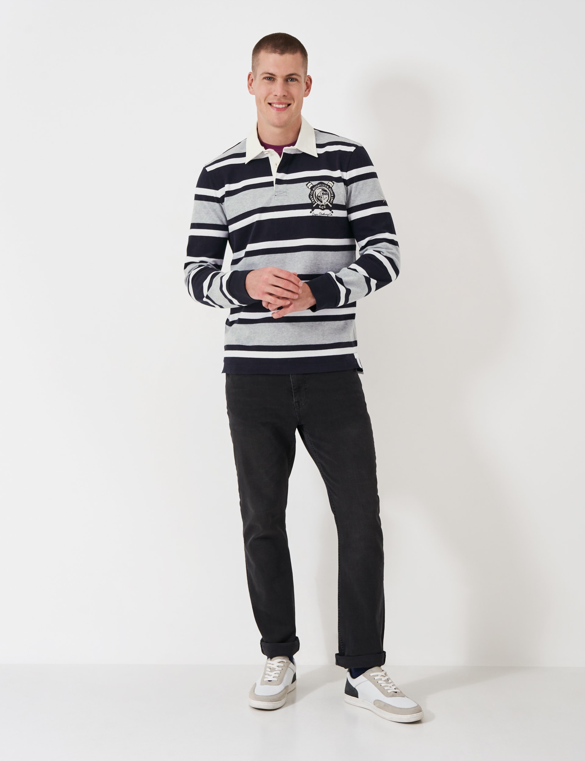 Crew Clothing Men's Pure Cotton Striped Long Sleeve Rugby Shirt - Black Mix, Black Mix