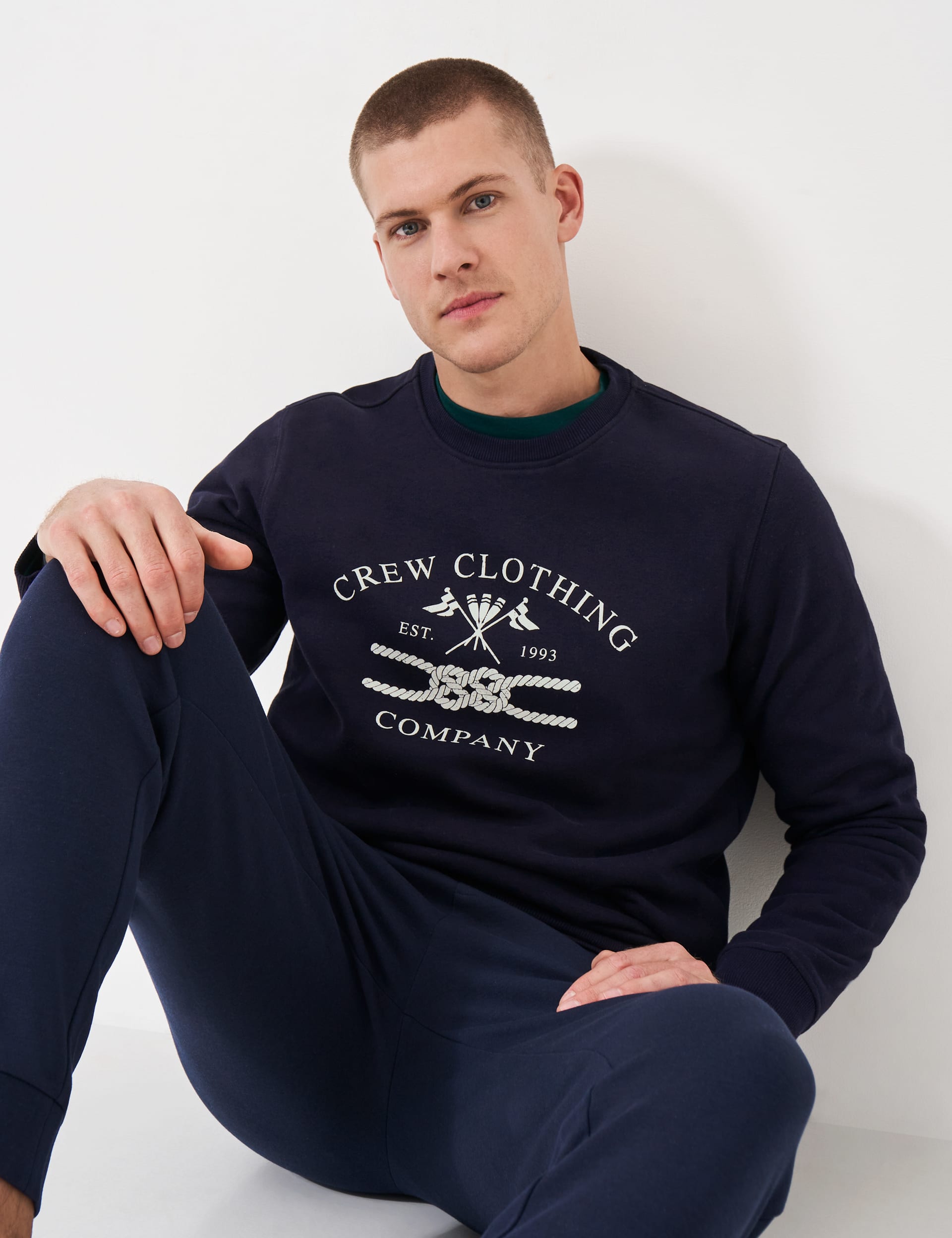 Crew Clothing Men's Cotton Rich Printed Crew Neck Sweatshirt - L - Navy, Navy