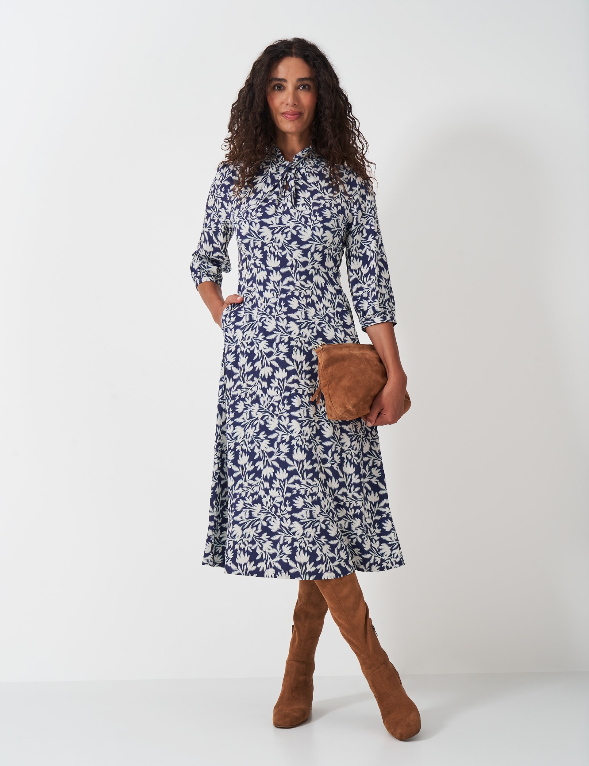 Crew Clothing Women's Floral Twist Detail Midi Dress - 12 - Blue Mix, Blue Mix