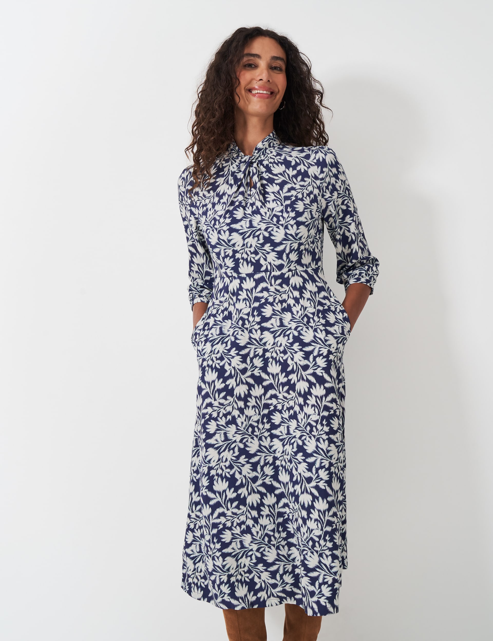 Crew Clothing Women's Floral Twist Detail Midi Dress - 12 - Blue Mix, Blue Mix