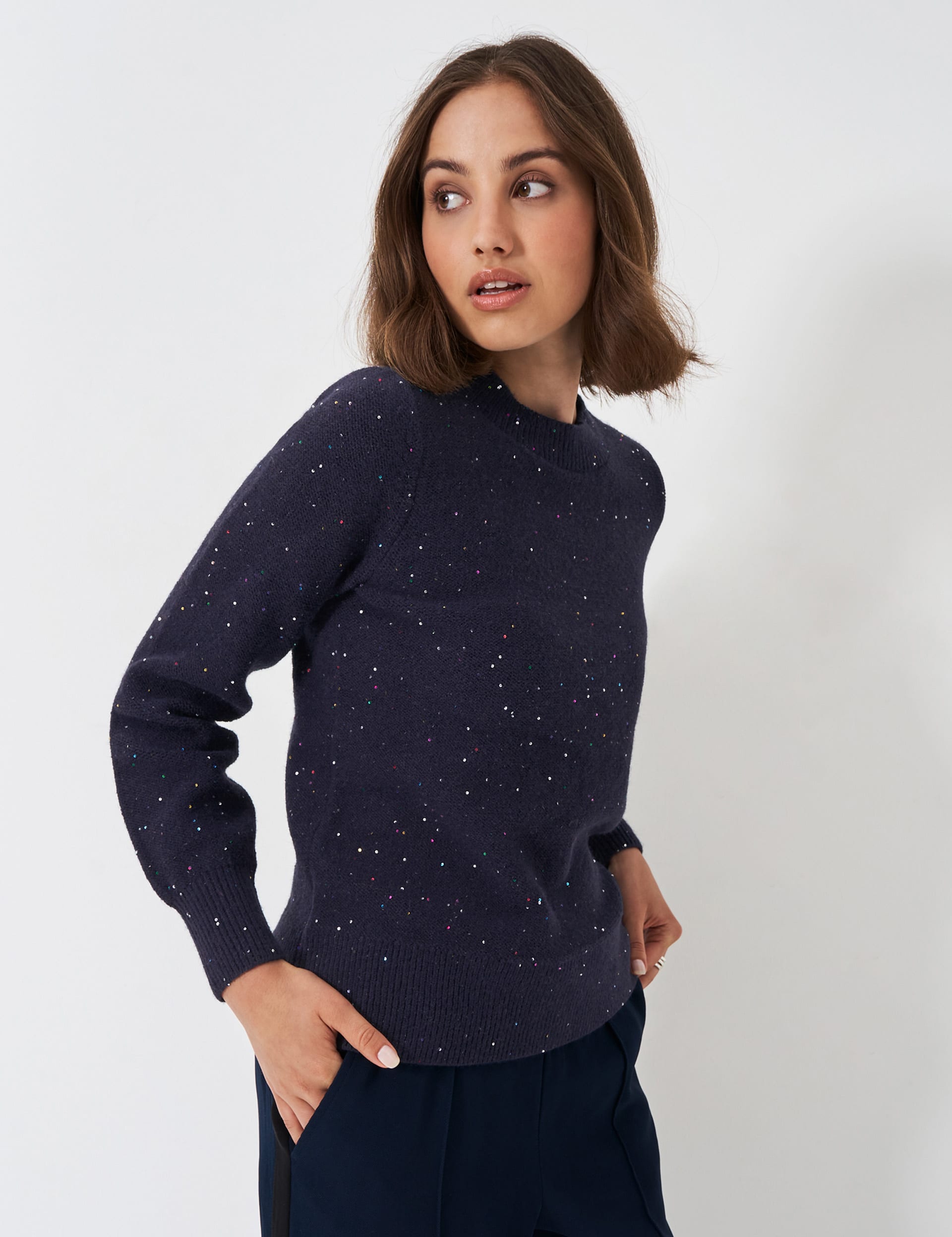 Crew Clothing Women's Sequin Crew Neck Jumper - 10 - Navy, Charcoal,Dark Pink,Navy