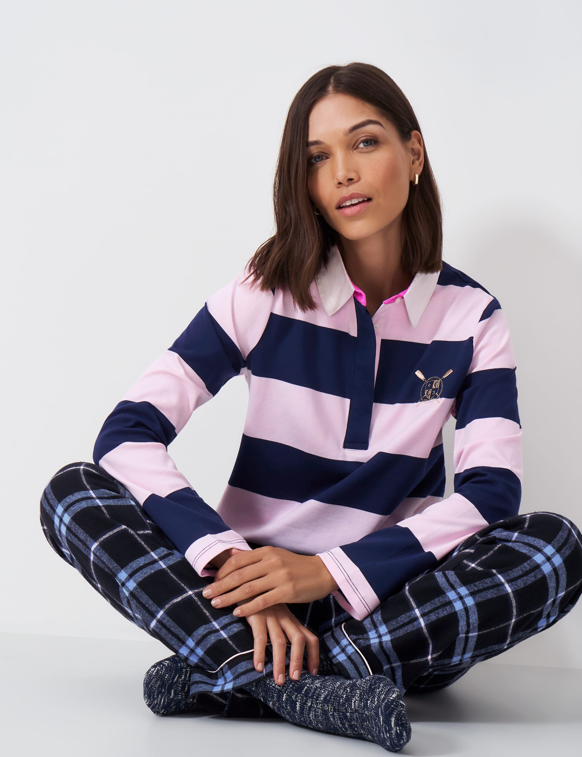 Crew Clothing Women's Pure Cotton Checked Striped Pyjama Set - Pink Mix, Pink Mix