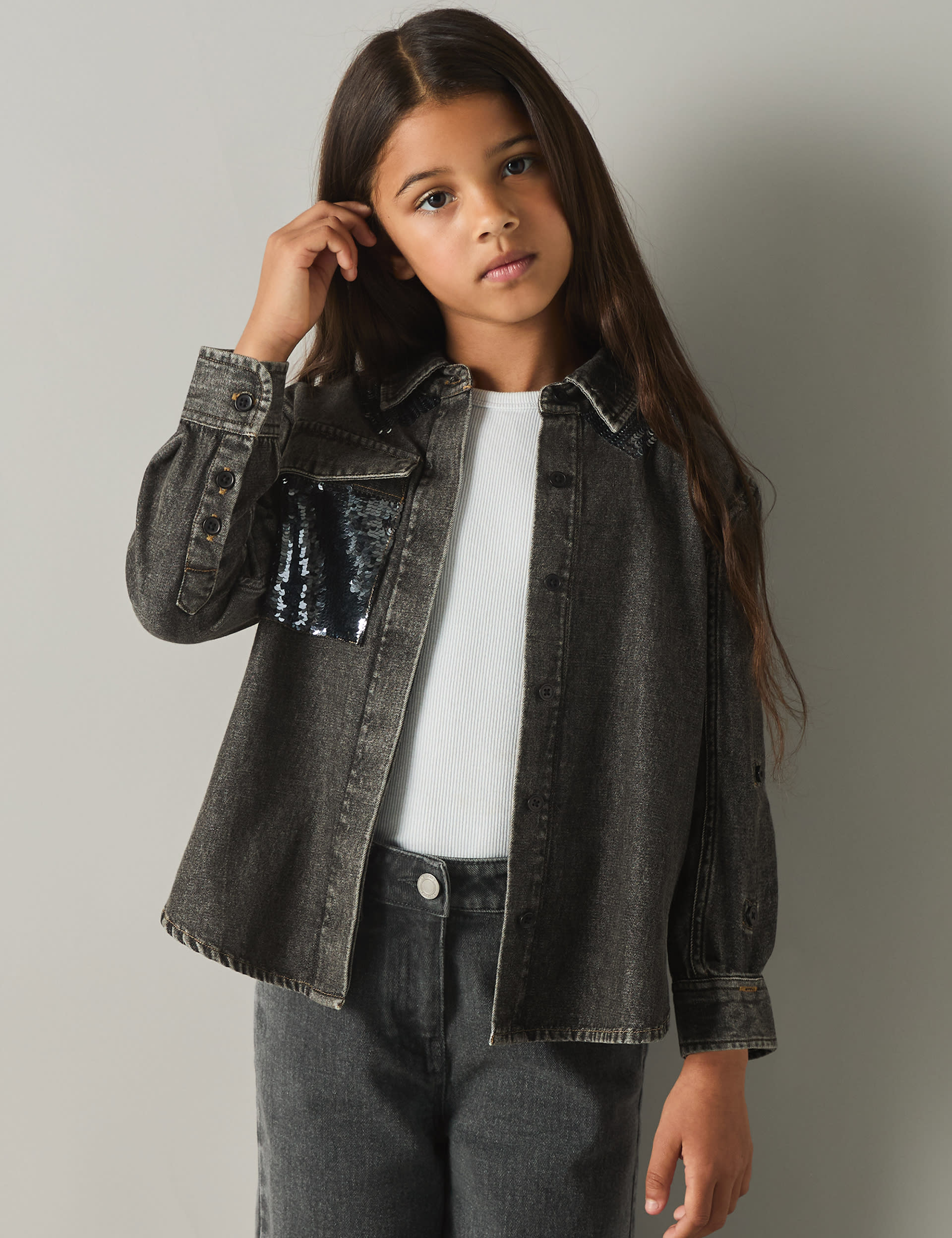 Reiss Girls Denim Sparkly Shirt (4-14 Yrs) - 10-11 - Grey, Grey