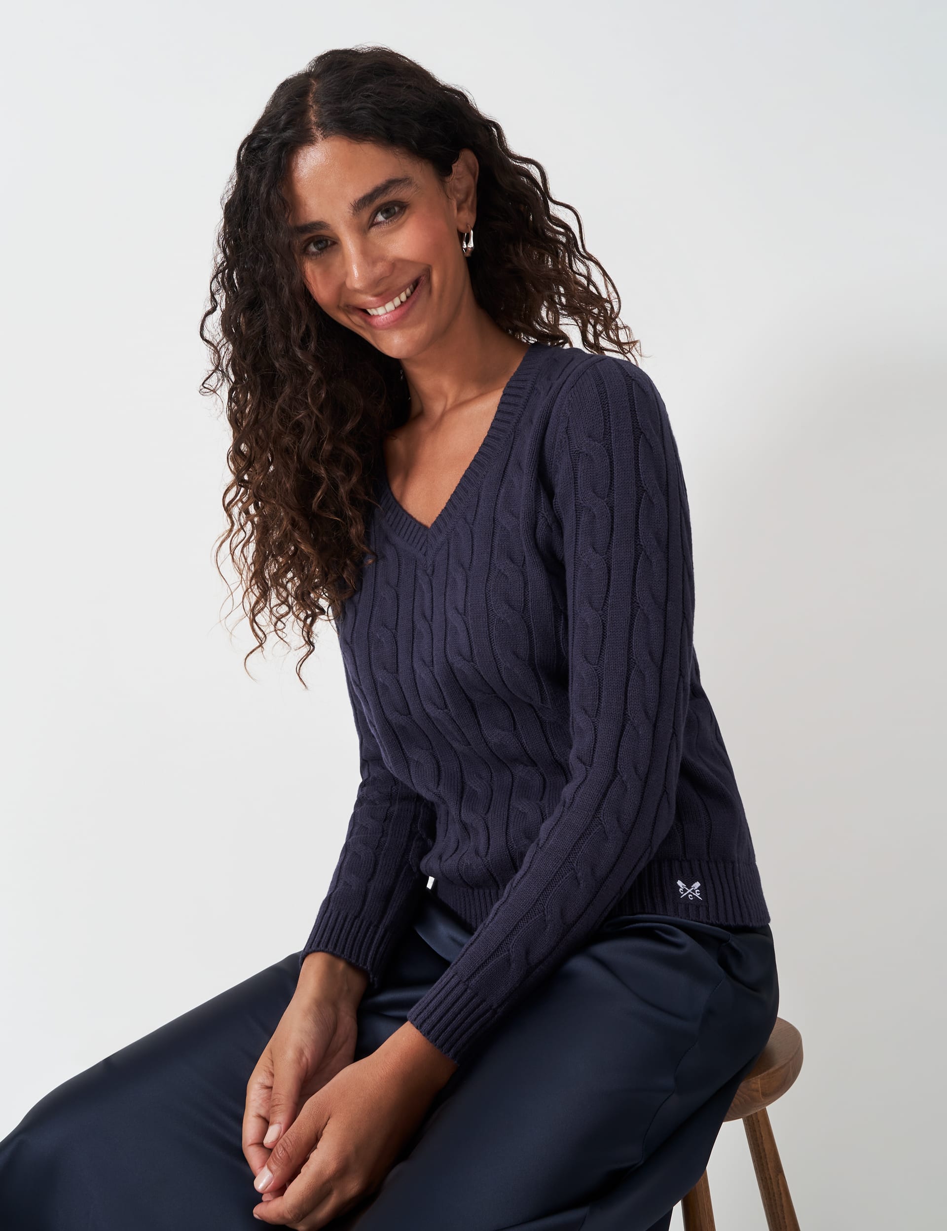 Crew Clothing Women's Cotton Rich Cable Knit V-Neck Jumper - 14 - Navy, Navy