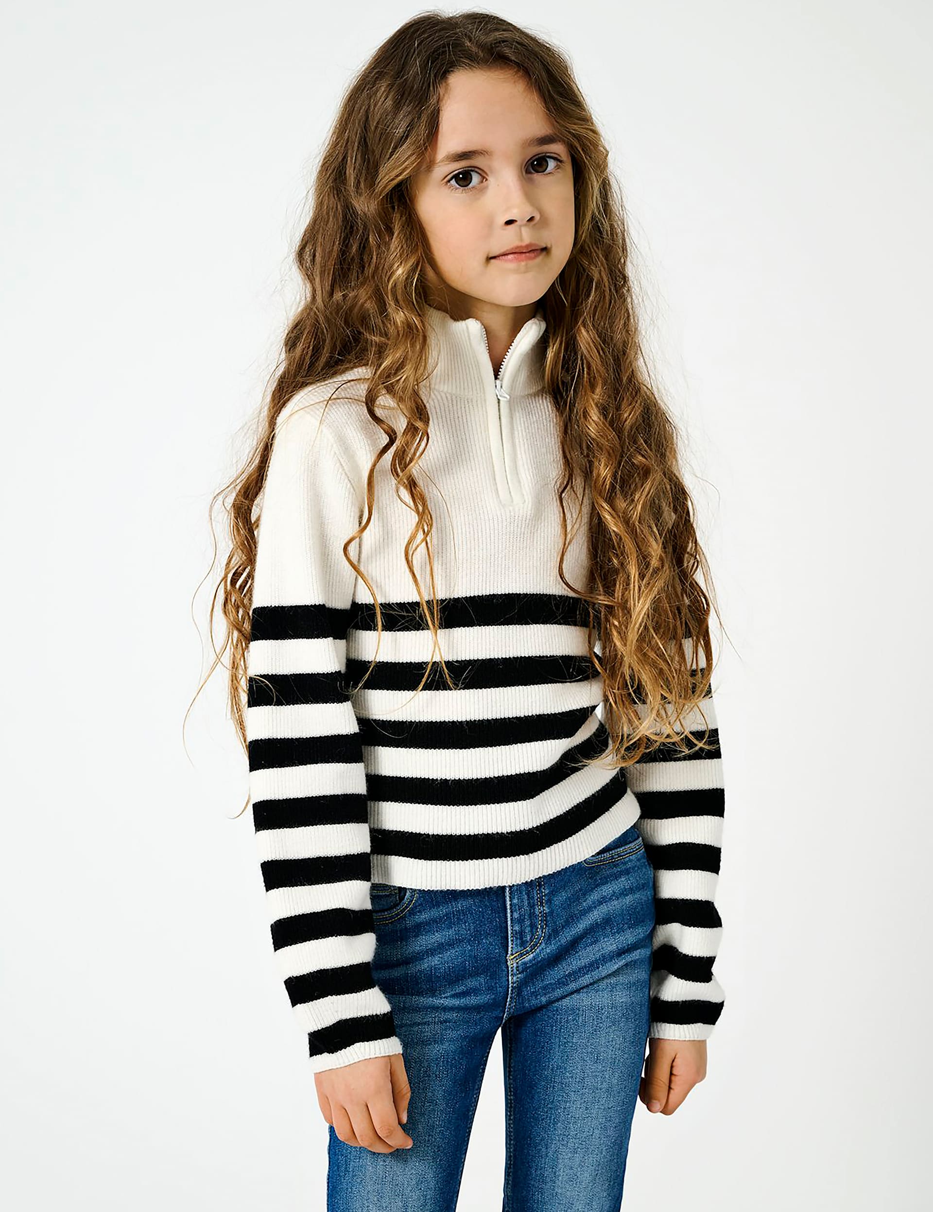 Kids Only Girls Striped Half Zip Jumper - 7-8 Y - Black Mix, Black Mix