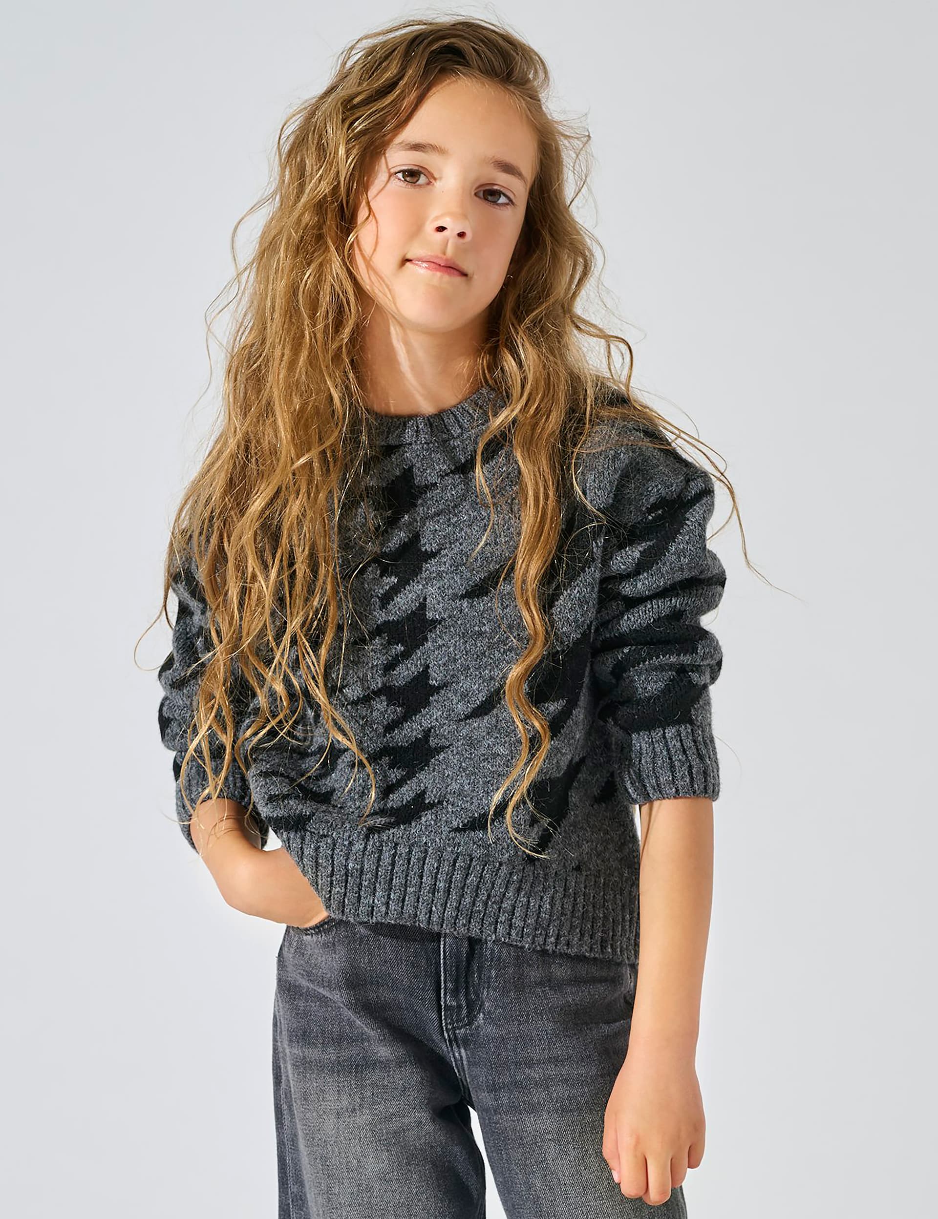 Kids Only Girls Jacquard Patterned Knitted Jumper (7-14 Yrs) - 11-12 - Grey Mix, Grey Mix