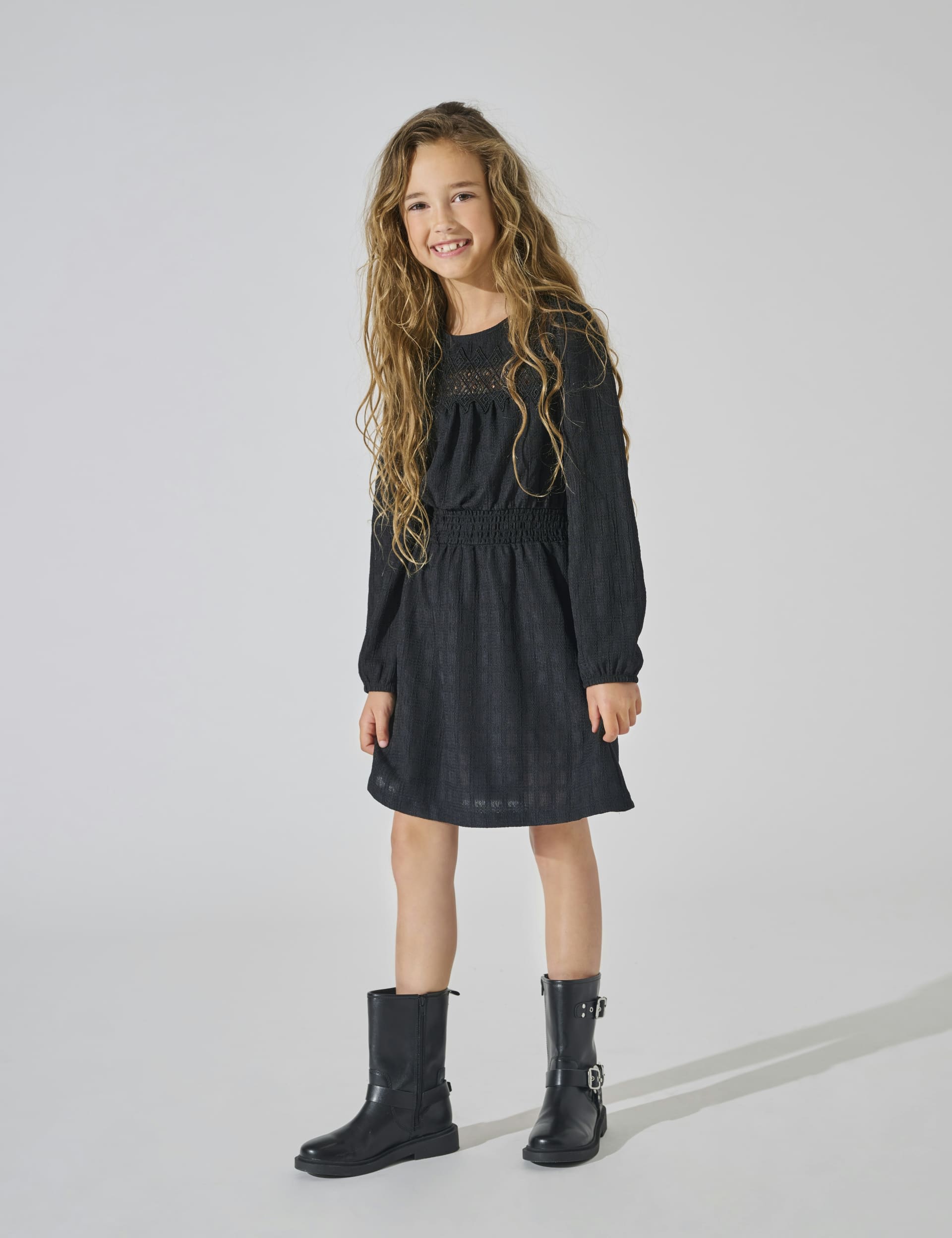 Kids Only Girls Checked Lace Insert Dress (7-14 Yrs) - 9-10Y - Black, Black