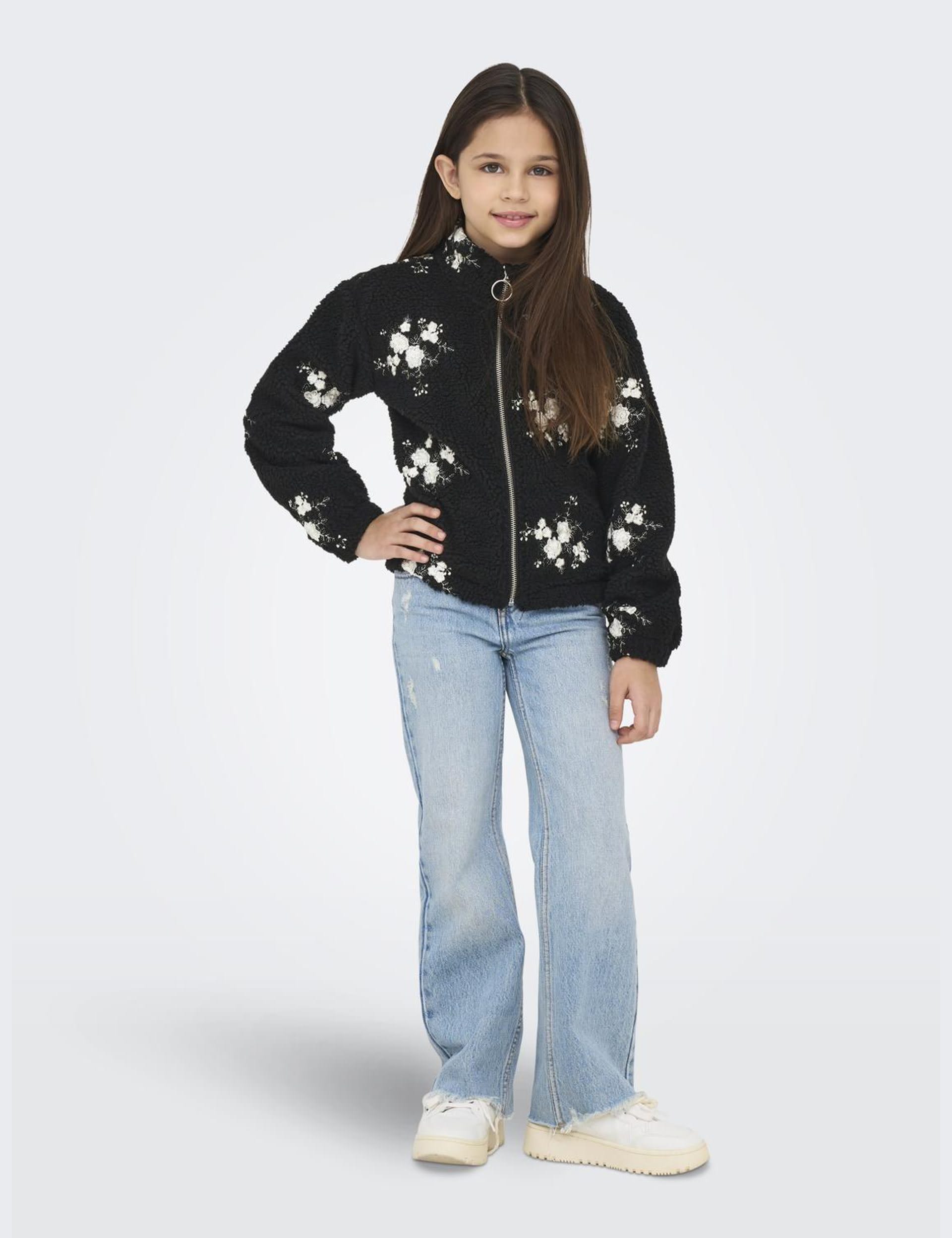 Kids Only Girls Borg Fleece Embroidered Floral Jacket (7-14 Yrs) - 11-12 - Black Mix, Black Mix