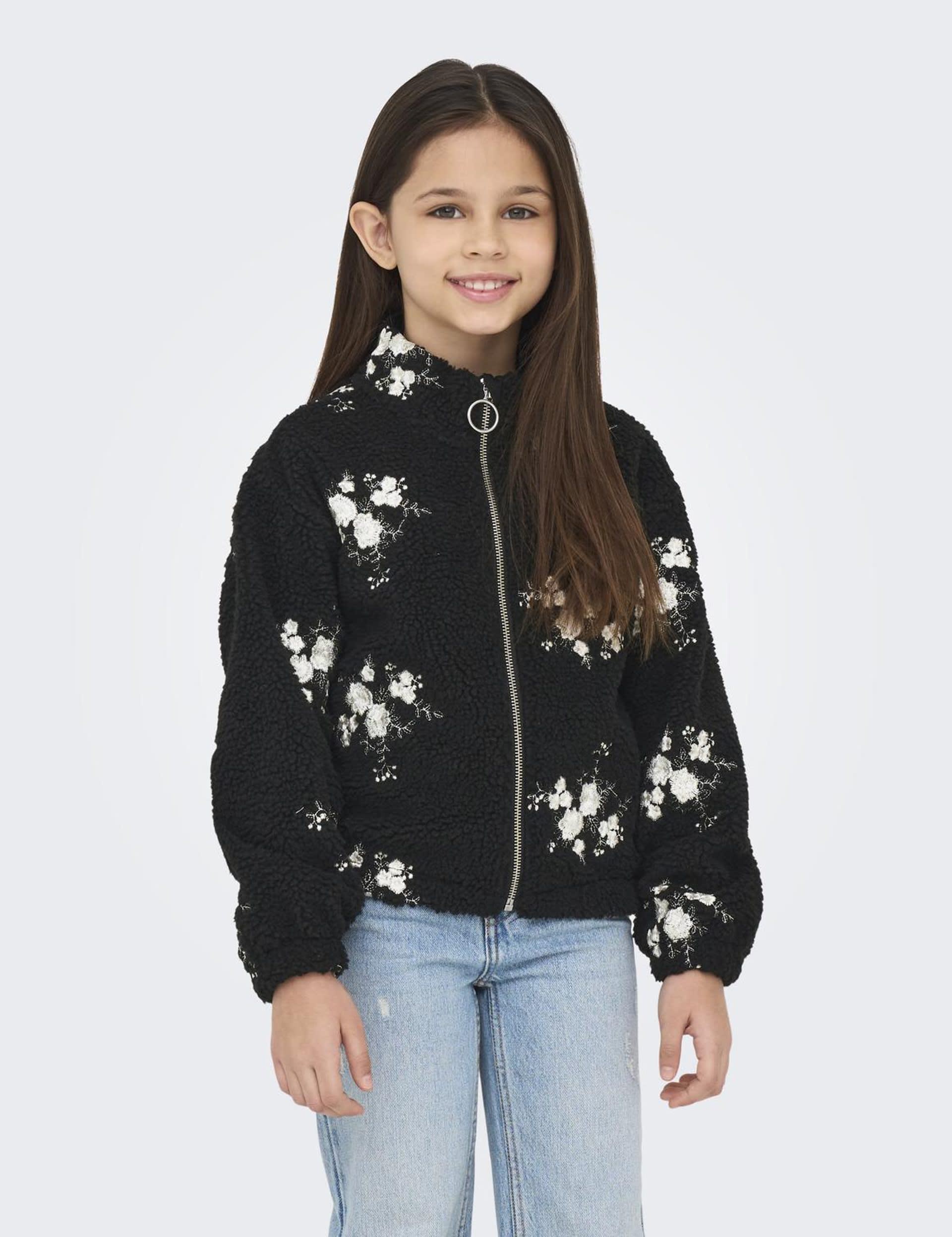 Kids Only Girls Borg Fleece Embroidered Floral Jacket (7-14 Yrs) - 11-12 - Black Mix, Black Mix