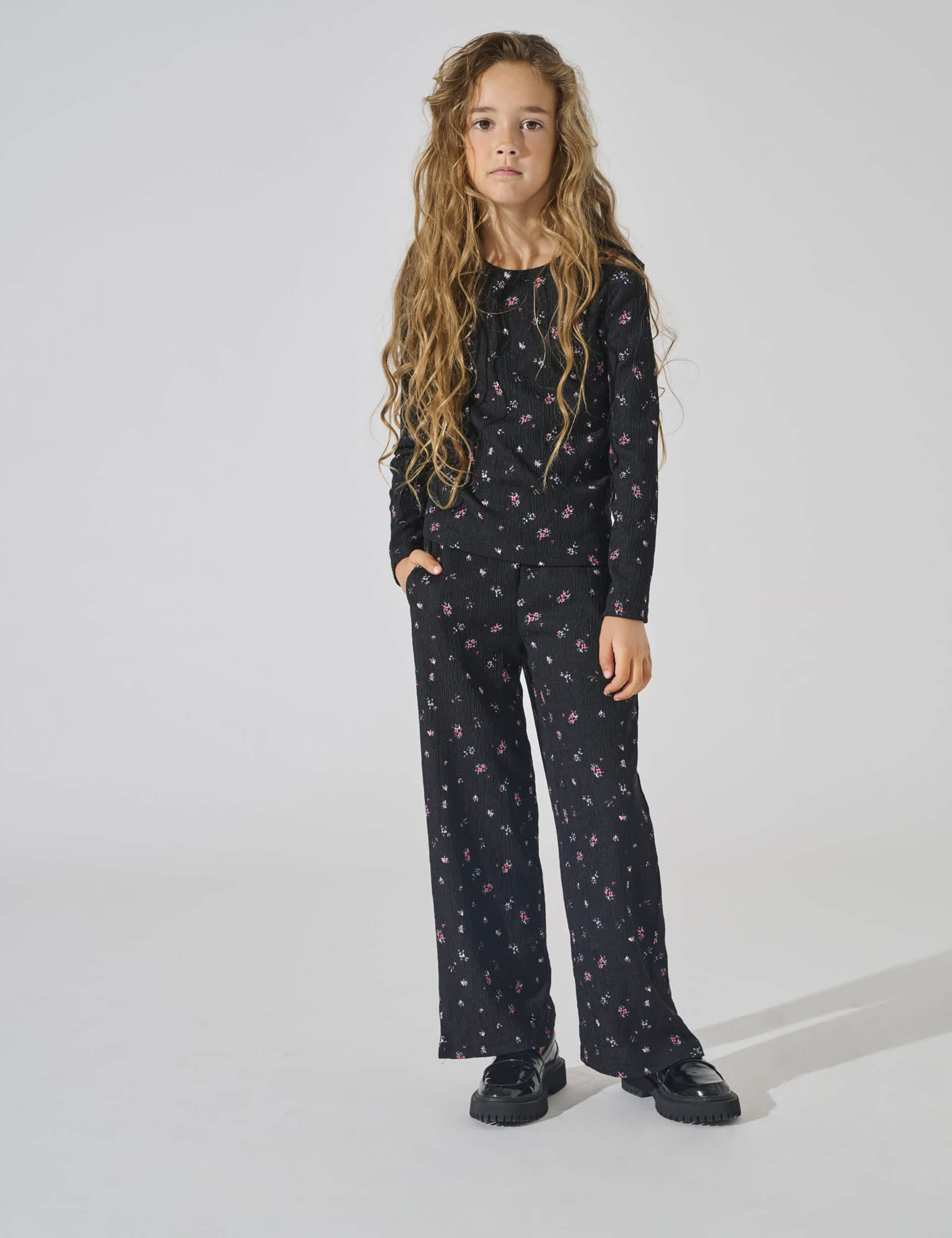 Kids Only Girls Textured Floral Long Sleeve Top (7-14 Yrs) - 13-14 - Black Mix, Black Mix