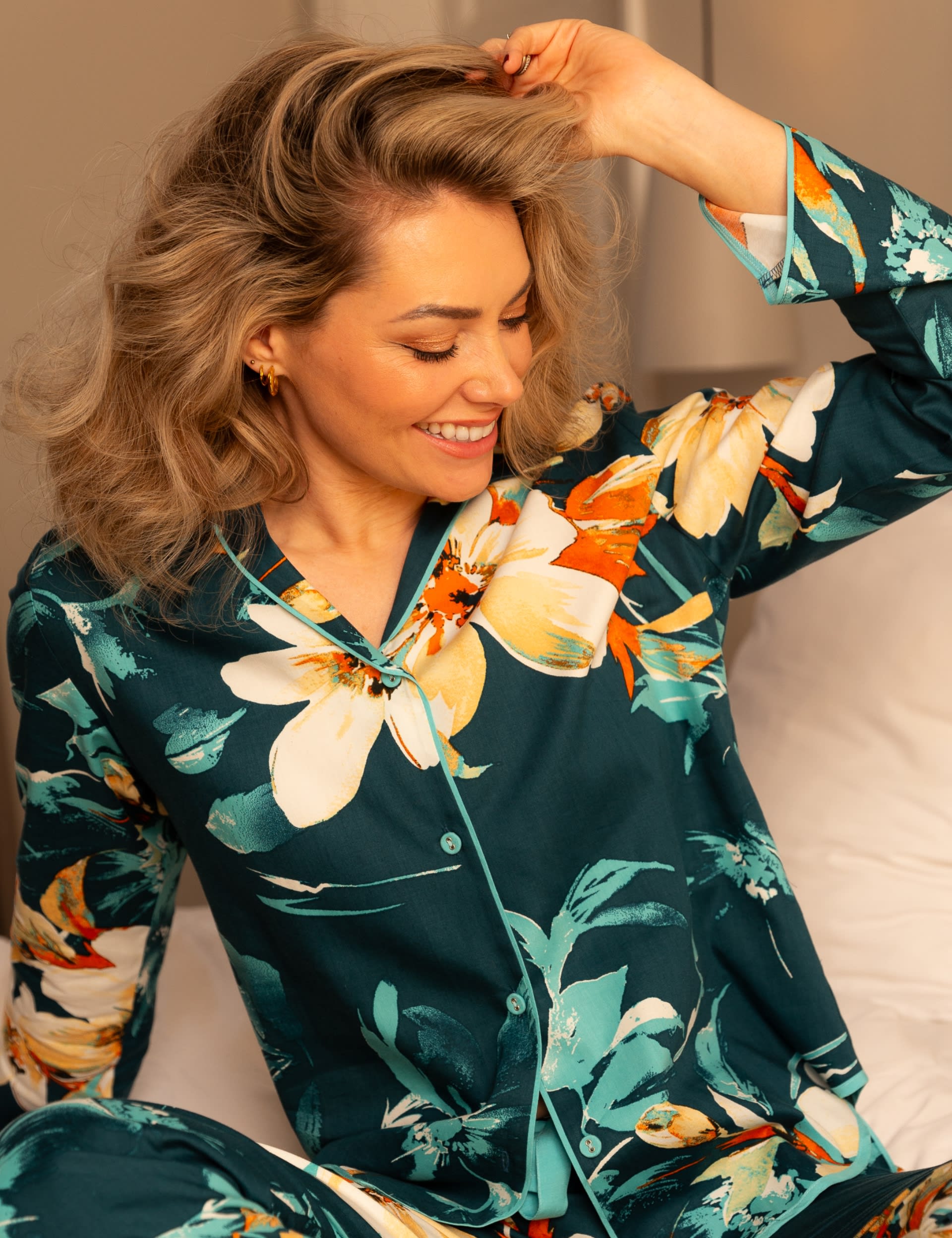 Cyberjammies Women's Cotton Rich Floral Revere Pyjama Top - 12 - Teal Mix, Teal Mix