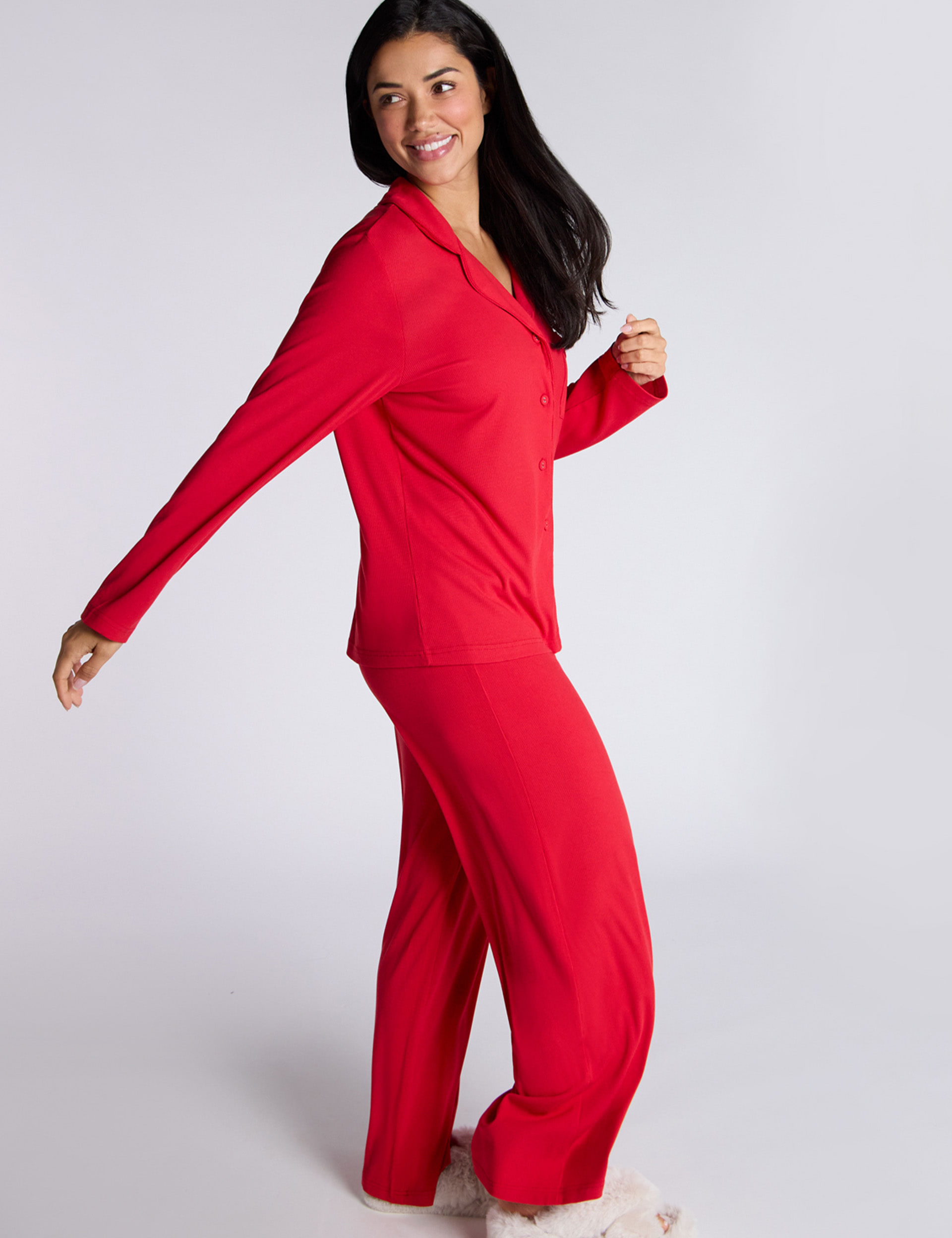 Boux Avenue Women's Modal Rich Ribbed Revere Pyjama Top - 12 - Red, Red